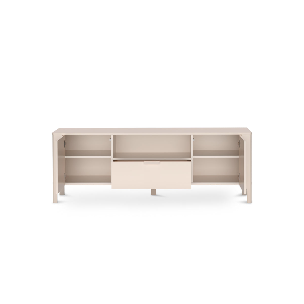 TV-Schrank EKLIPSO 160x57 mit Fischgrätfronten im modernen Stil, Farbe Kaschmir – geöffnet | Pillovely