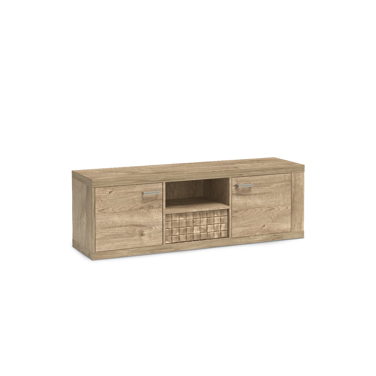 TV-Schrank Korin 151x51 in Eiche – TV-Schrank mit zwei Türen, Nische und Schublade, Schrägansicht