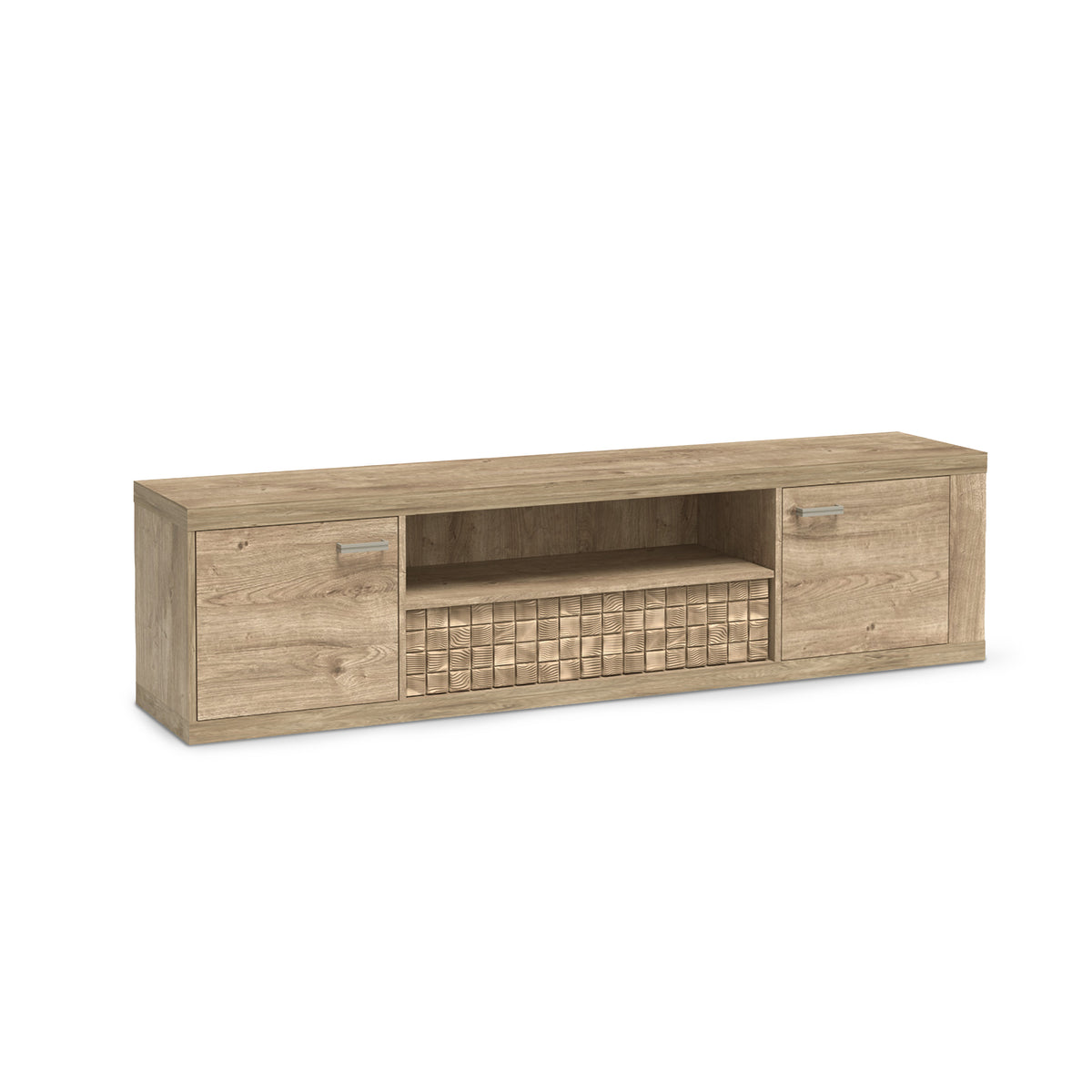 TV-Schrank Korin 196x51 in Eiche – langer TV-Schrank mit Seitenfächern und mittiger Nische, Schrägansicht