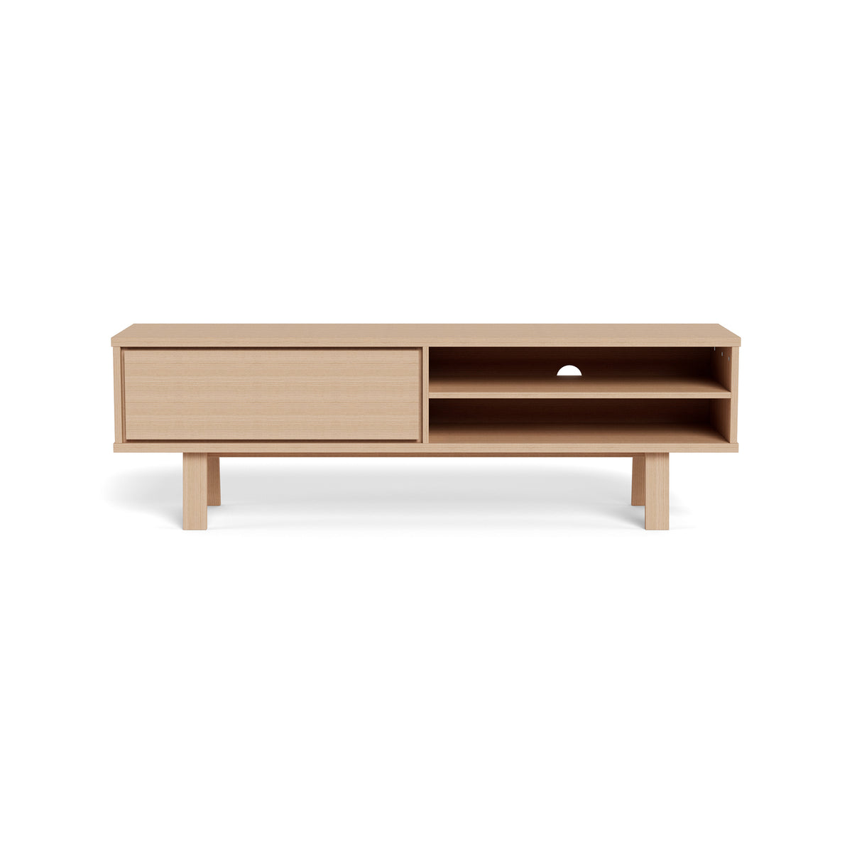 TV-Schrank Lurisse 160 x 50, gebleichte Eiche – Vorderansicht, Schublade ohne Griff und Fächer mit Kabelöffnung