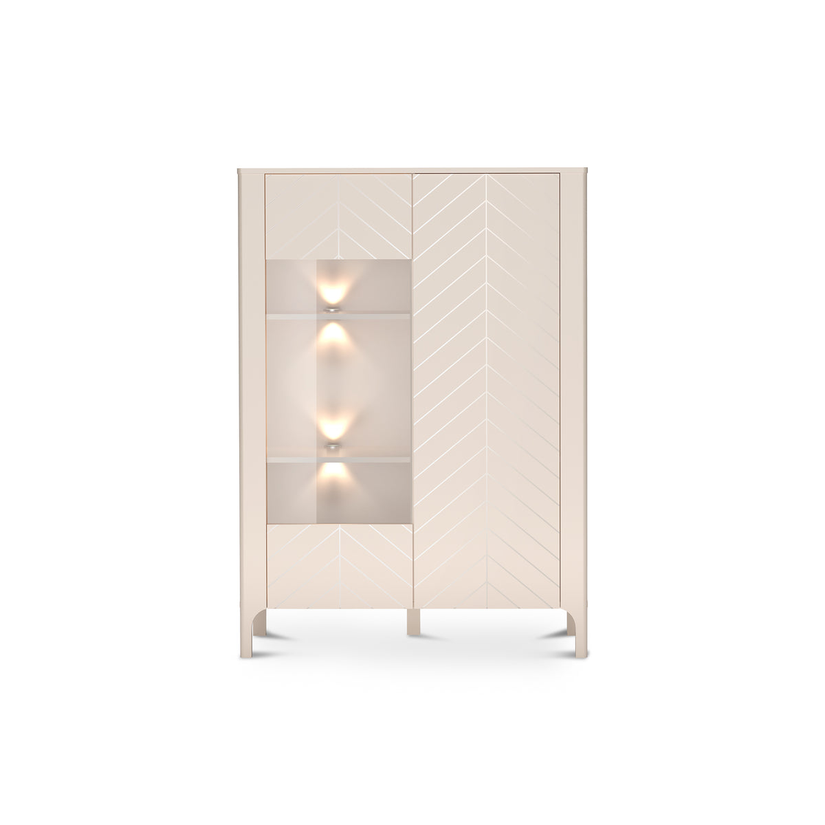 Vitrine EKLIPSO 103x145 mit Glaseinsatz im modernen Stil, Farbe Kaschmir – Vorderansicht mit LED-Beleuchtung | Pillovely