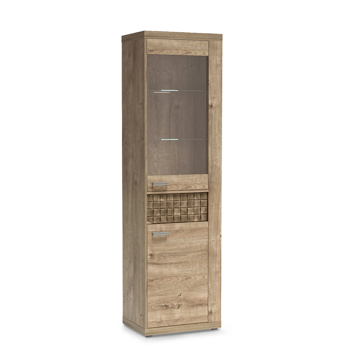 Vitrine Korin 201x57 in Eiche mit LED in den Einlegeböden – beleuchtete Glasböden, Schrägansicht