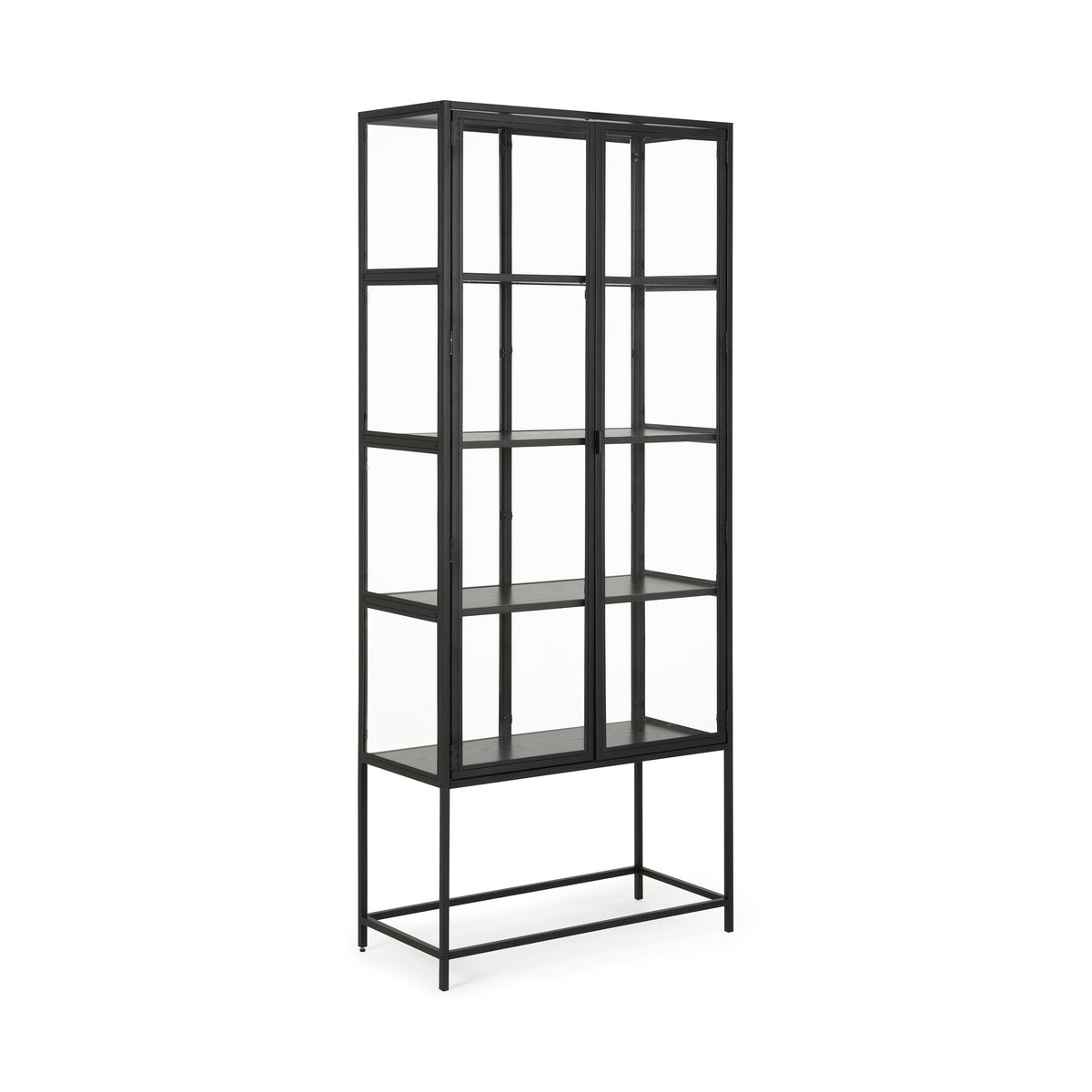 Vitrine Skeleto 77x186, schwarzes Melamin mit Schräge – schwarze Vitrine mit Einlegeböden in der Farbe „schwarzes Eschenholz“
