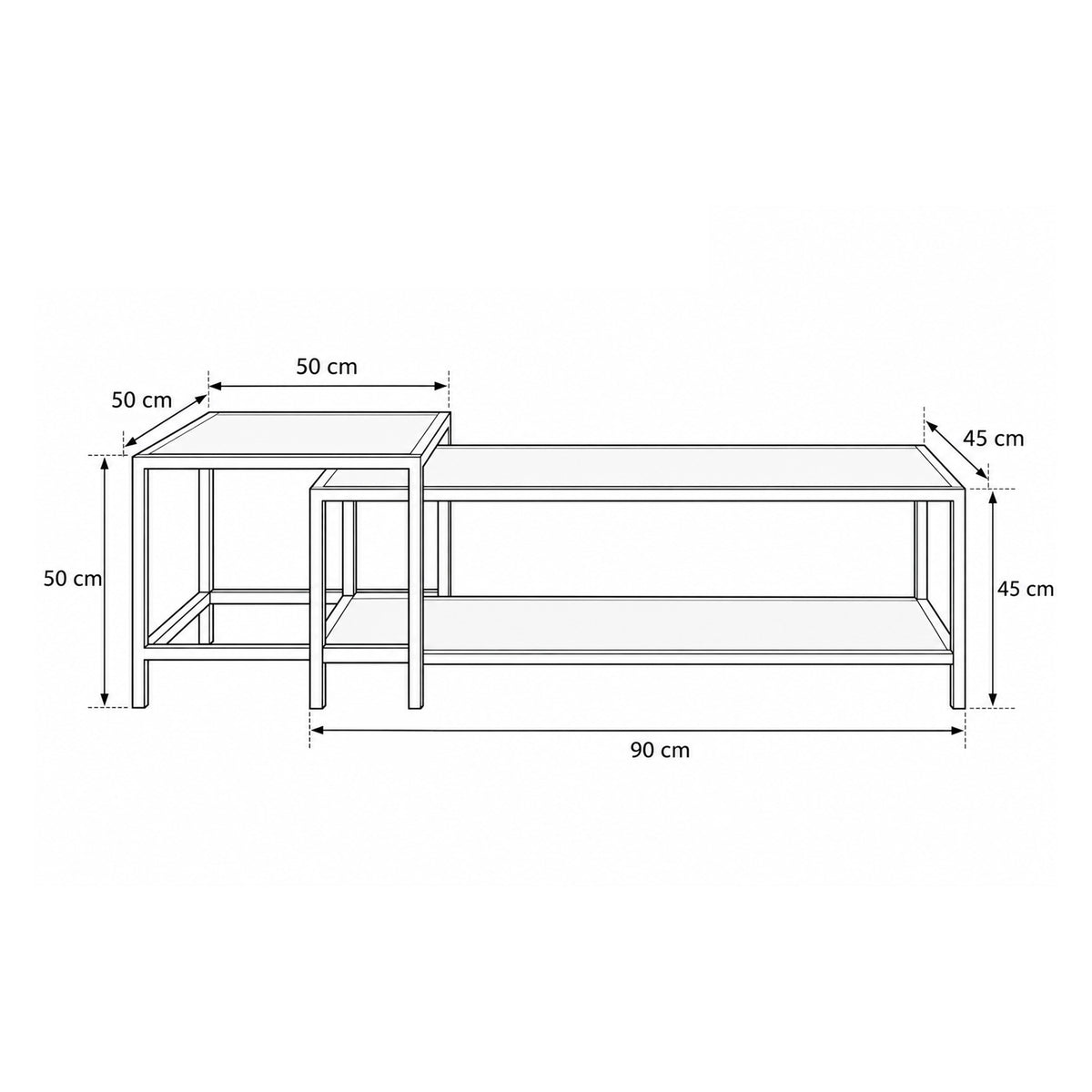 Set aus 2 Skeleto-Couchtischen (90 x 45 und 50 x 50) – Maßzeichnung mit Breite, Höhe und Tiefe