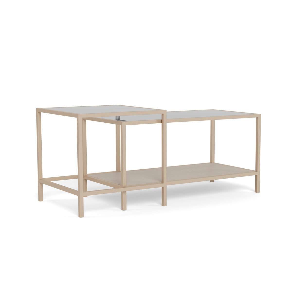 Set aus 2 Skeleto-Couchtischen in den Maßen 90 x 45 und 50 x 50 mit abgeschrägten Kanten – Glasplatten, der kleinere Tisch ist auf den größeren aufgeschoben