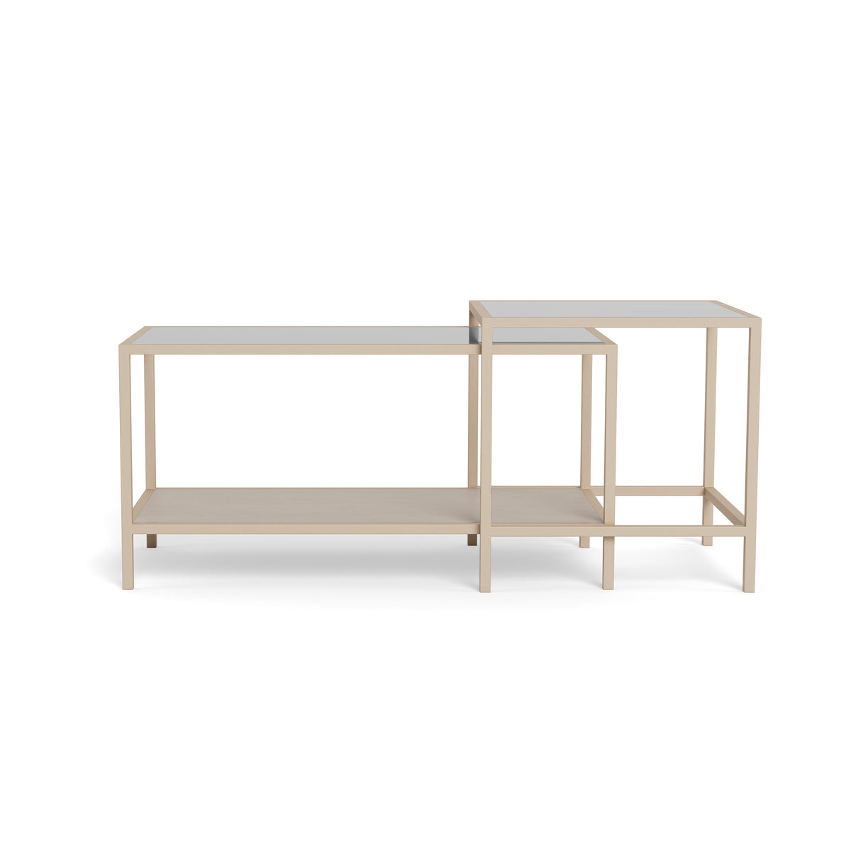 Skeleto-Couchtische 90x45 und 50x50, Vorderansicht – der höhere quadratische Tisch befindet sich rechts auf dem Regal