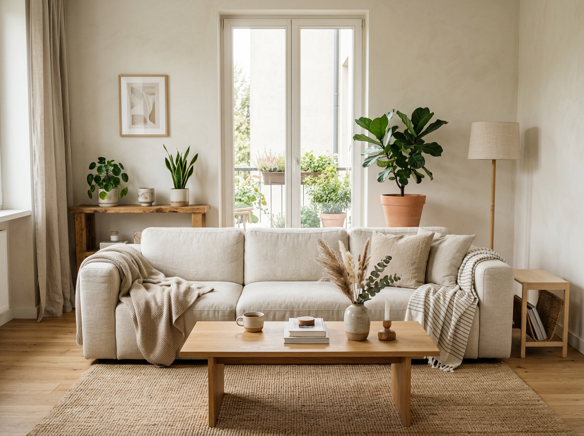 Warm minimalist living room with a light sofa, simple furniture and natural accessories
