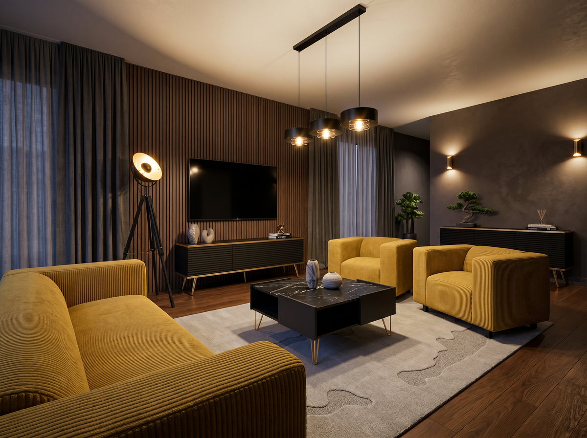 Modernes Wohnzimmer mit senfgelbem Sofa und Sesseln July, schwarzem Couchtisch Ballada, dunklen Lowboards Meva, Stehlampe Reflecto und Pendelleuchte Spirra