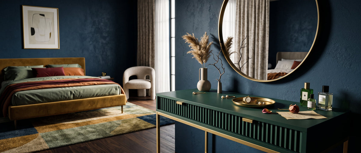 Elegancka sypialnia z toaletką Roza w kolorze Labrador Green, dużym okrągłym lustrem i dekoracyjnymi dodatkami na tle granatowej ściany
