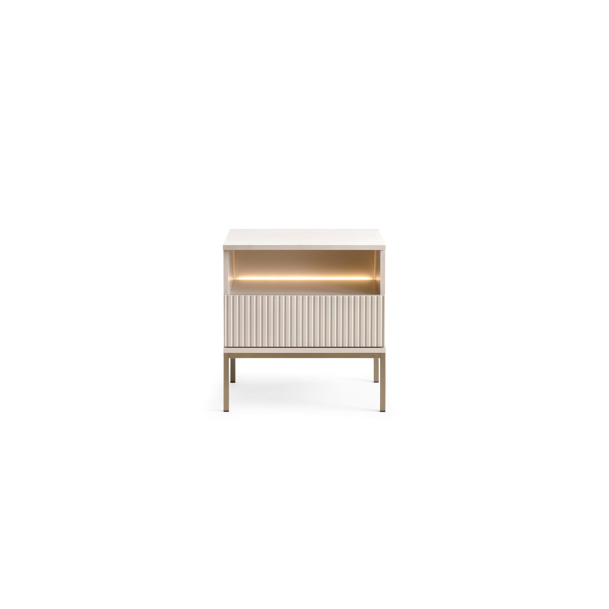 Szafka nocna z lamelowym frontem 54x56 cm – LED, metalowe nóżki, push to open | Lampy
