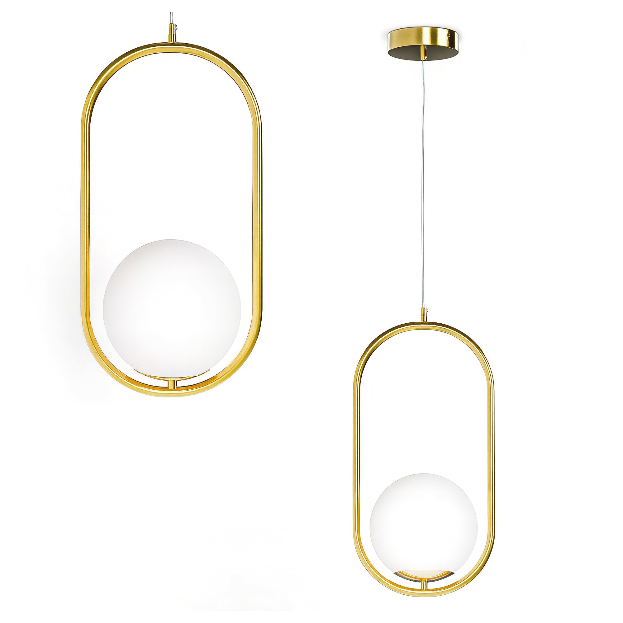 Lampa wisząca z kulistym kloszem w złotej ramie w stylu nowoczesnym – szklany klosz E27, elegancka forma | Orbitella