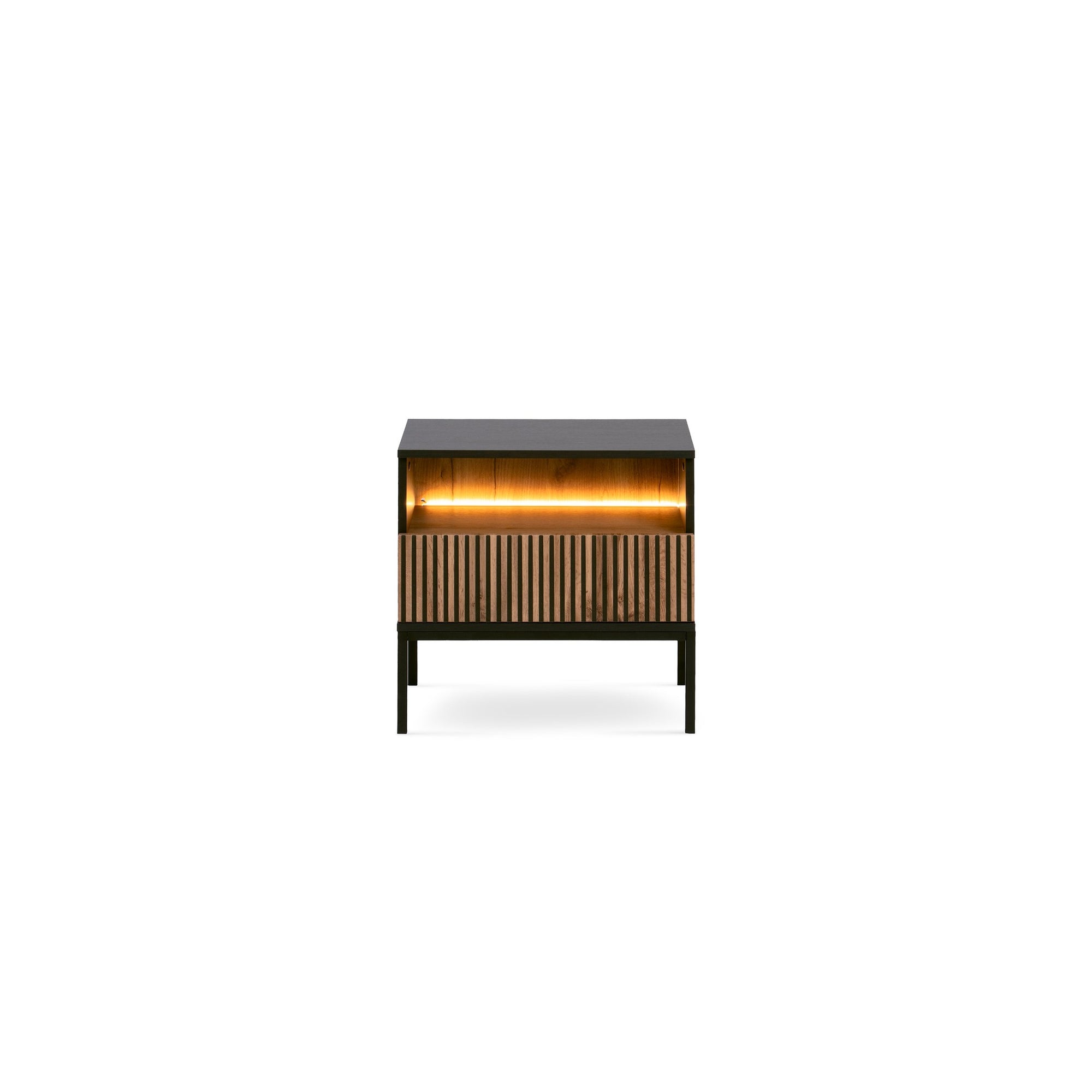 Szafka nocna z lamelowym frontem 54x56 cm – LED, metalowe nóżki, push to open | Lampy