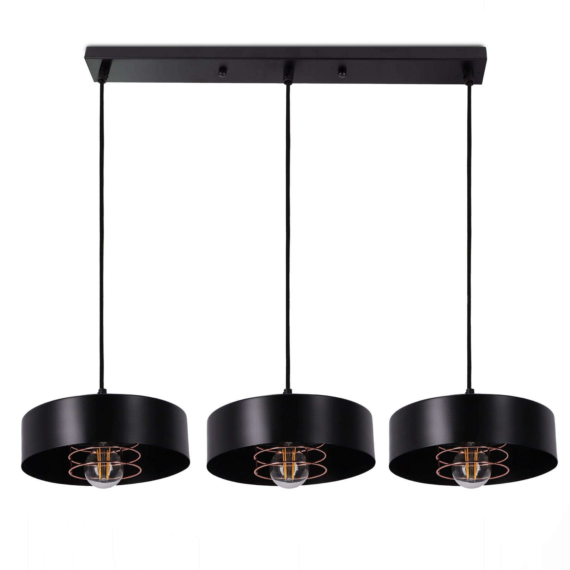 Lampa wisząca 3-punktowa w stylu industrialnym – czarne cylindryczne klosze, oprawki E27 | Spirra