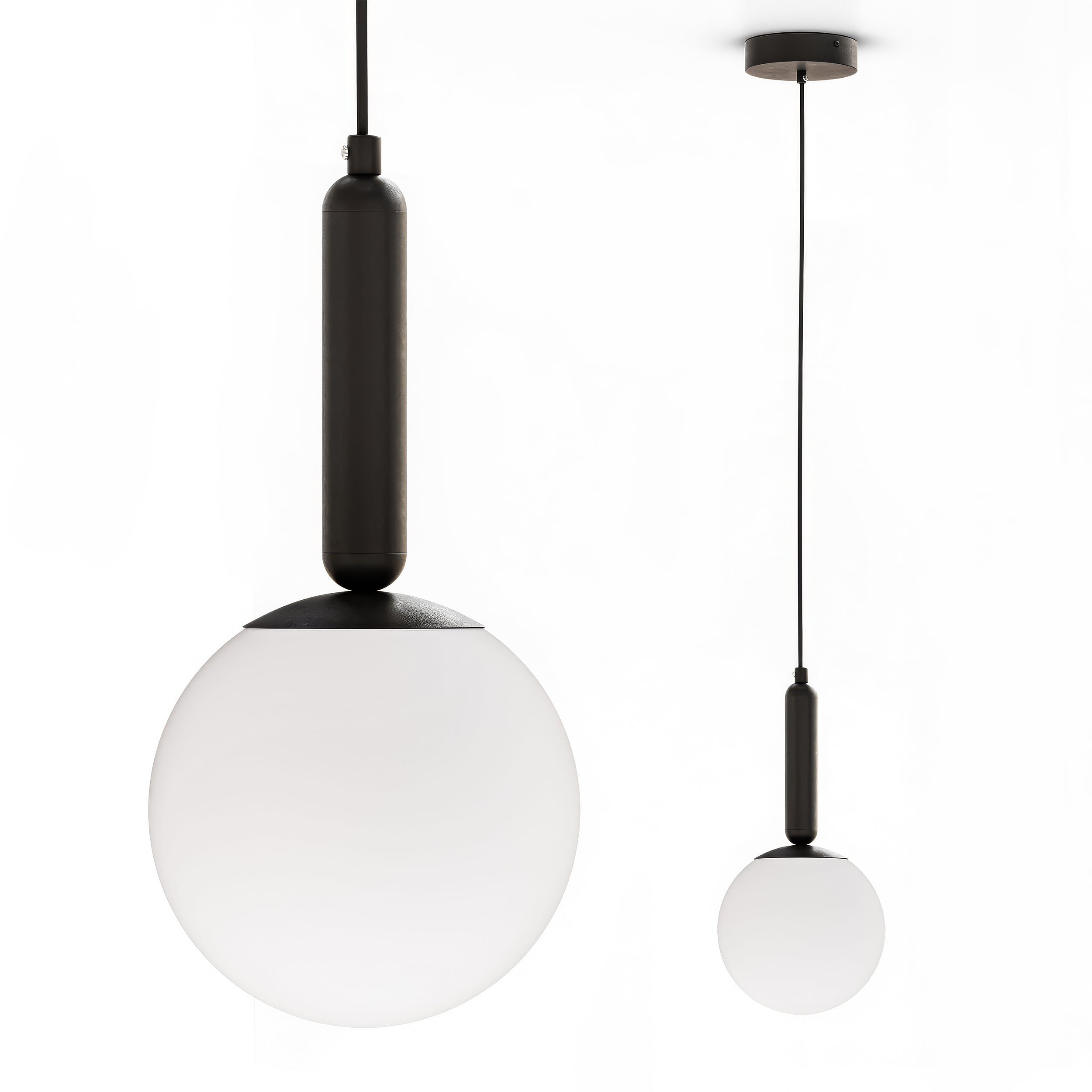 Lampa wisząca z kulą w stylu loftowym – czarna konstrukcja, szklany klosz, regulowany przewód | Obal