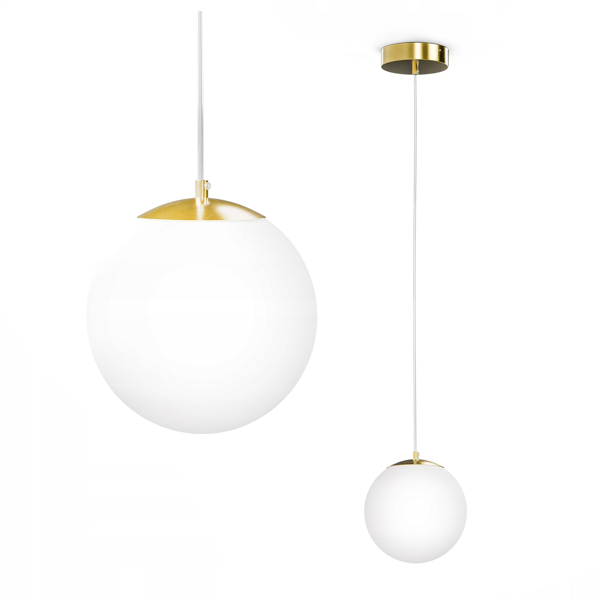Lampa wisząca kula w stylu nowoczesnym – biała szklana kula, złota konstrukcja | Orbitella