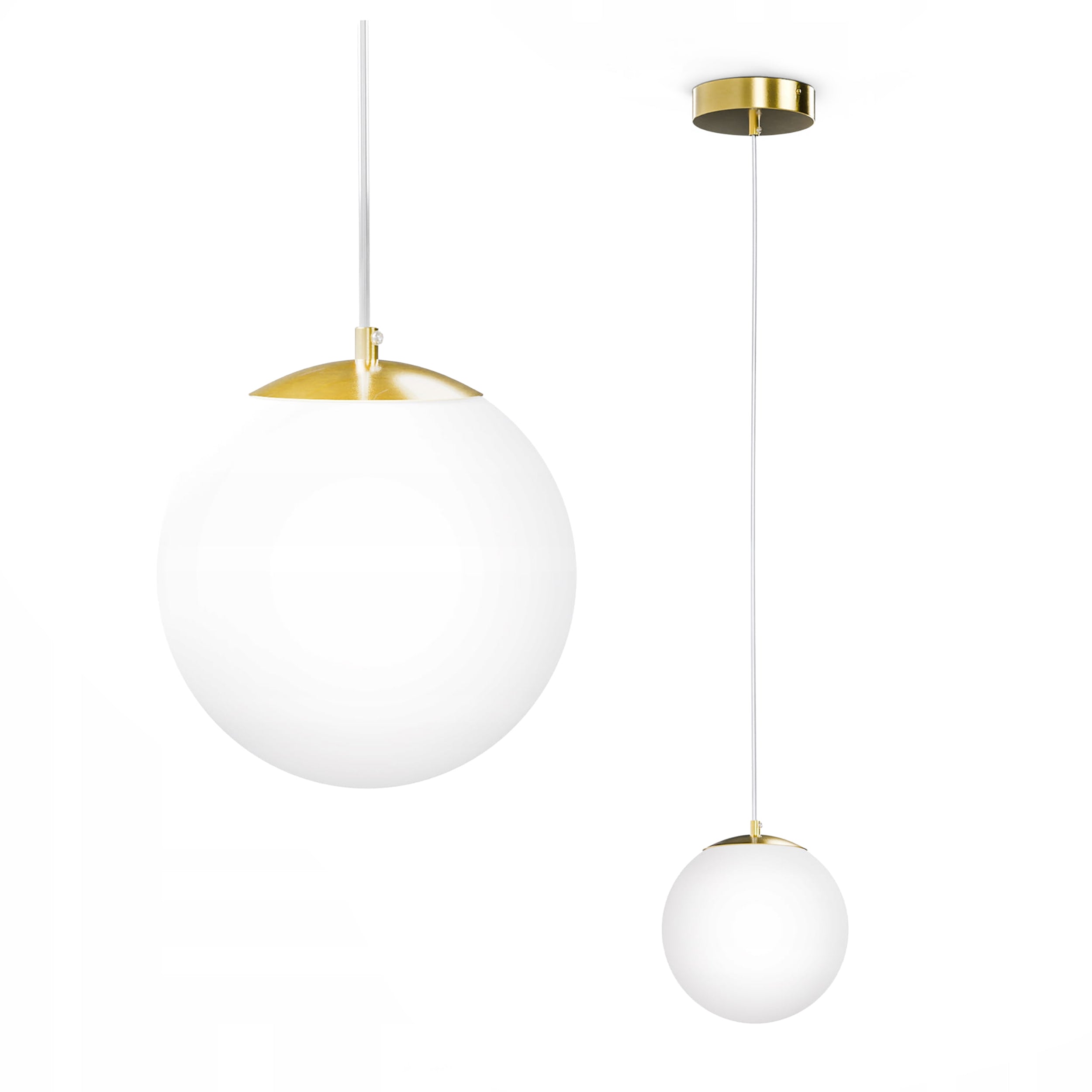 Lampa wisząca kula w stylu nowoczesnym – biała szklana kula, złota konstrukcja | Orbitella