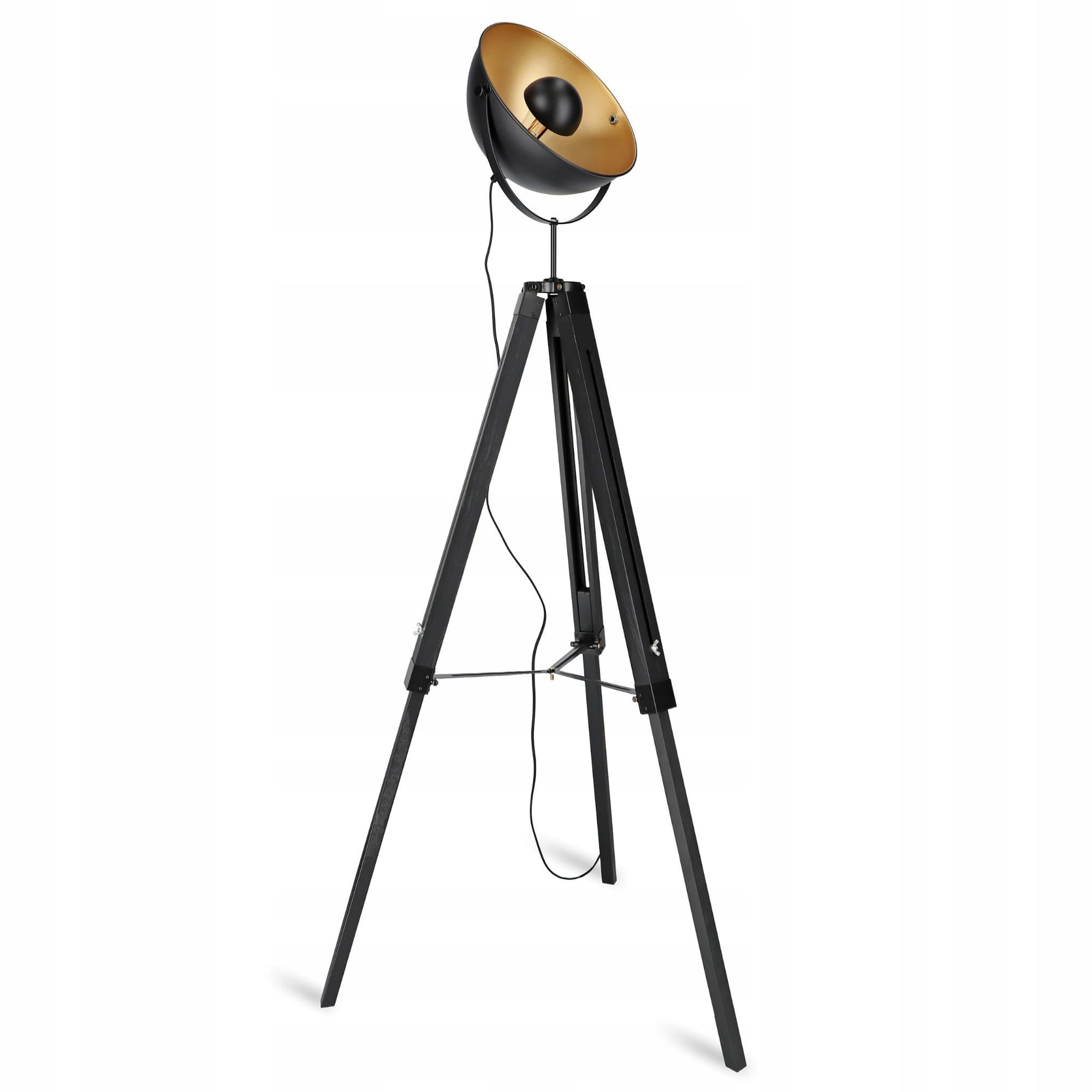 Lampa podłogowa reflektor na trójnogu w stylu retro – regulowany, metalowy klosz, czarno-złota | Reflecto