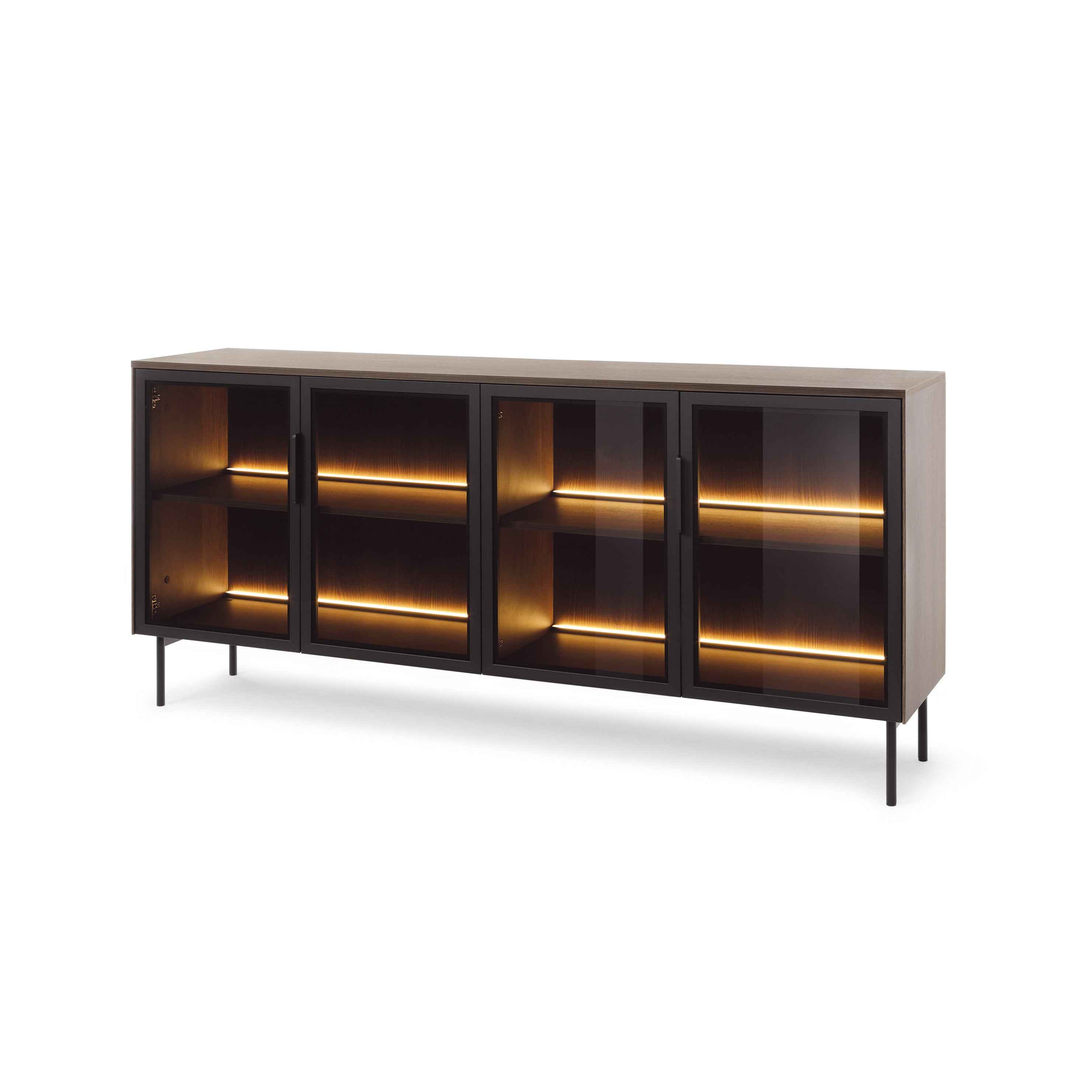 Komoda 181x83 z drzwiami w stylu eleganckim - przeszklone fronty flutes, metalowe nogi, LED | Lummer Dąb Dunin
