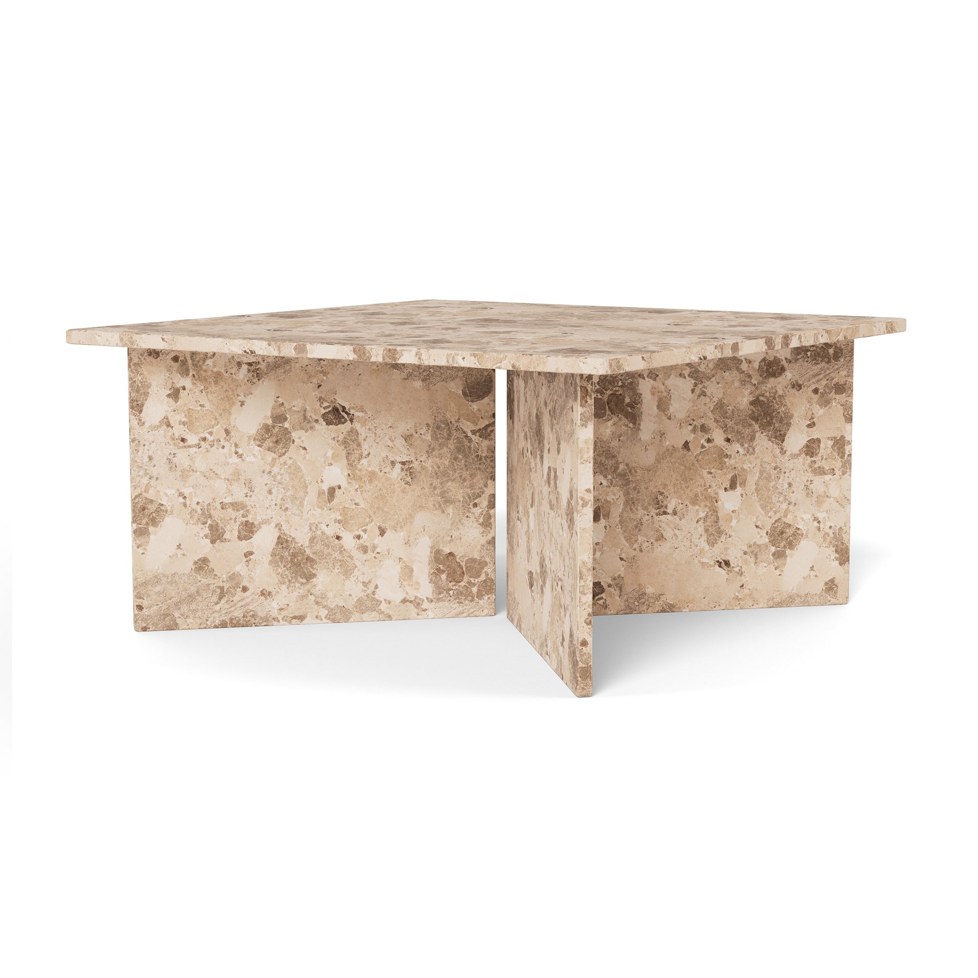 Stolik kawowy 90x42 w stylu eleganckim – marmurowe wykończenie, podstawa V-shape, duży blat | Plaris Beżowy Marmur