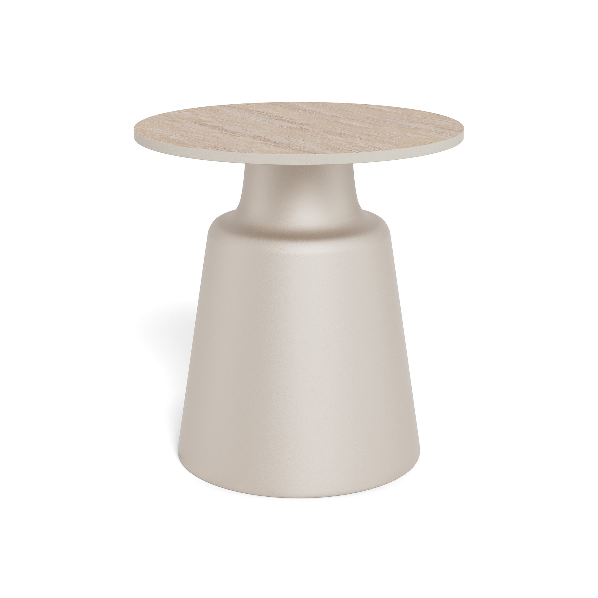 Okrągły stolik kawowy o średnicy 45 cm w stylu nowoczesnym – ceramiczny blat, kolumnowa podstawa, stalowa podstawa | Fumor Ciepły Beż