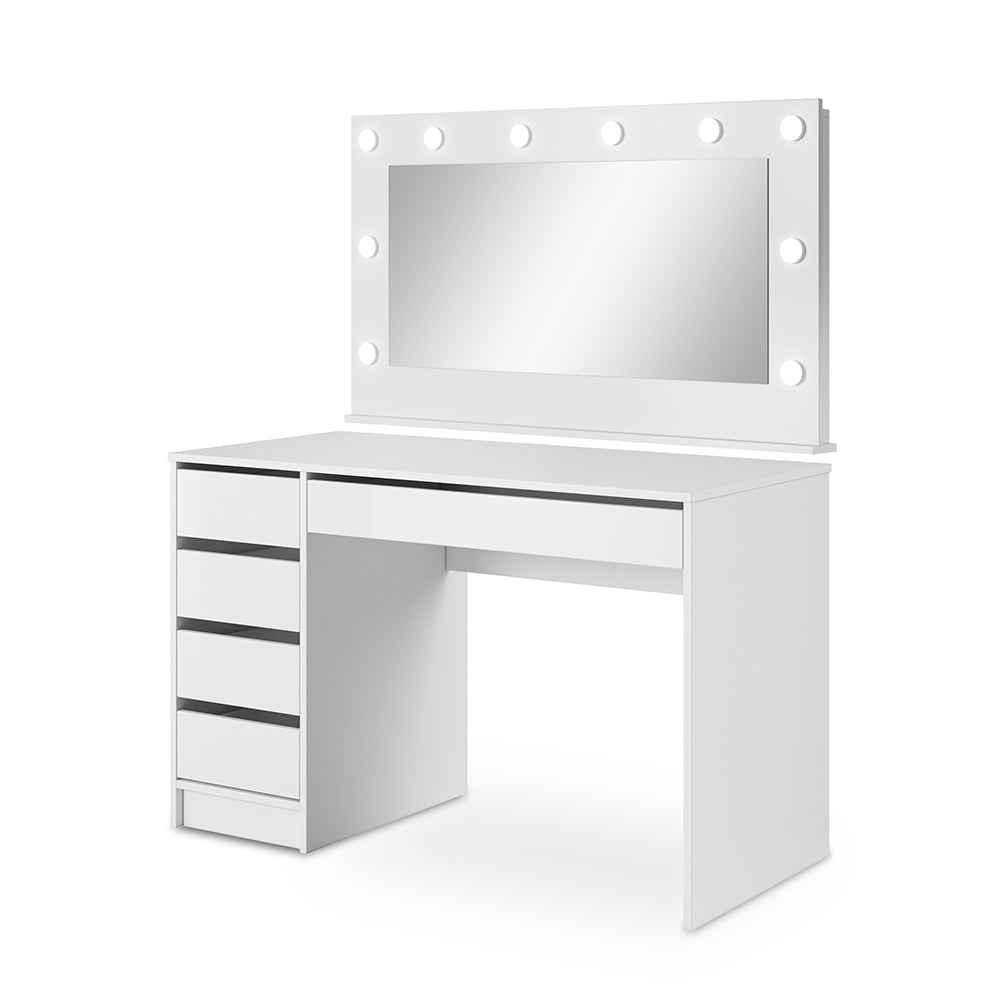 Toaletka z lustrem i oświetleniem LED 120x75 cm w stylu nowoczesnym – 5 szuflad, bezuchwytowe fronty | ADIA
