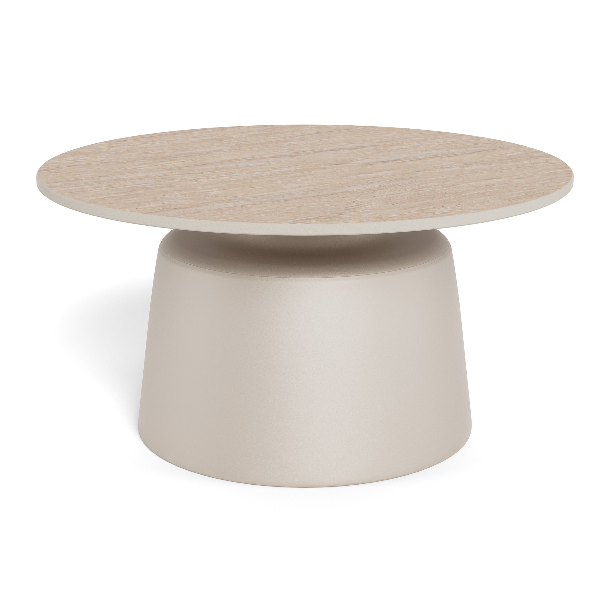 Okrągły stolik kawowy o średnicy 70 cm w stylu nowoczesnym – ceramiczny blat, kolumnowa podstawa | Fumor Ciepły Beż