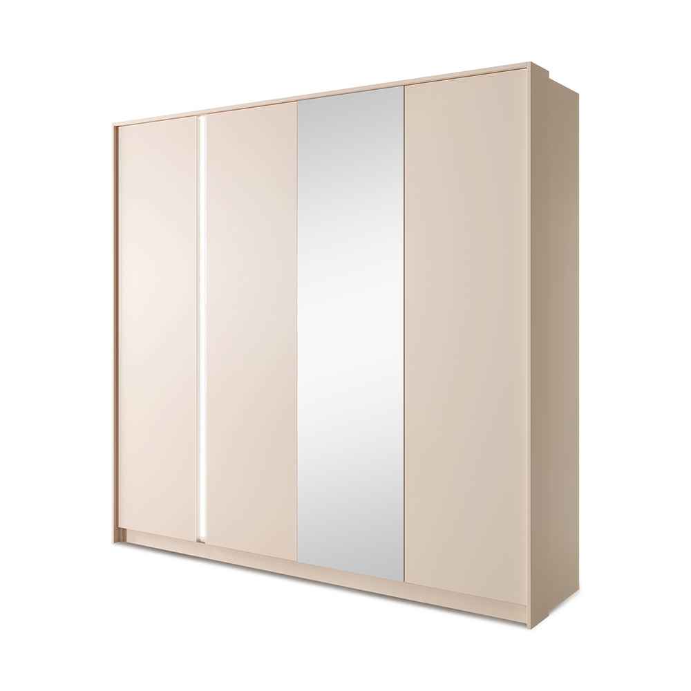 Szafa 4-drzwiowa 223x210 cm w stylu minimalistycznym – z lustrem, pojemne wnętrze, bezuchwytowe fronty | Dust TAK