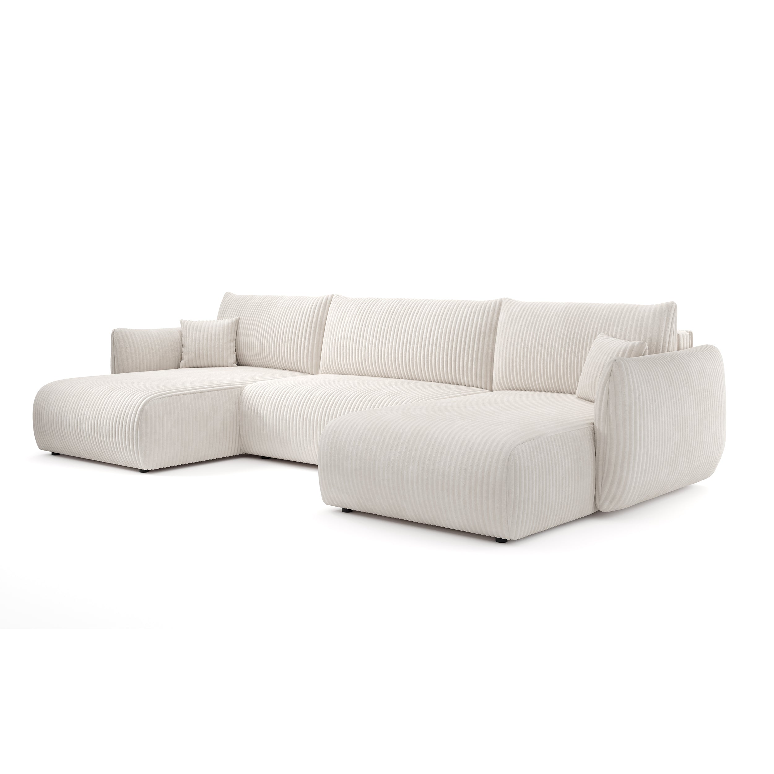 Narożnik U z funkcją spania o powierzchni 145x302 w stylu vintage - tkanina sztruksowa TILIA, zaokrąglona forma, miękkie poduchy | ALLORO