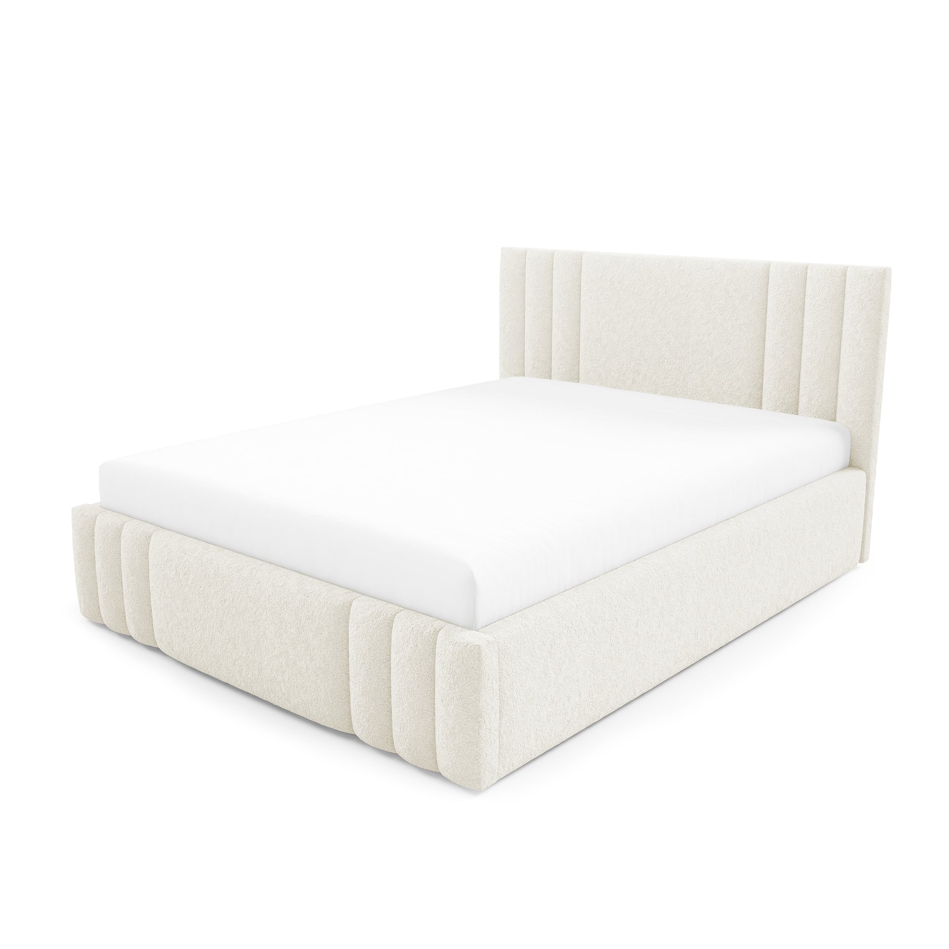 Łóżko tapicerowane z pojemnikiem w różnych rozmiarach w stylu eleganckim - tkanina Lambi, pionowe pikowania, wysoki zagłówek | Falda