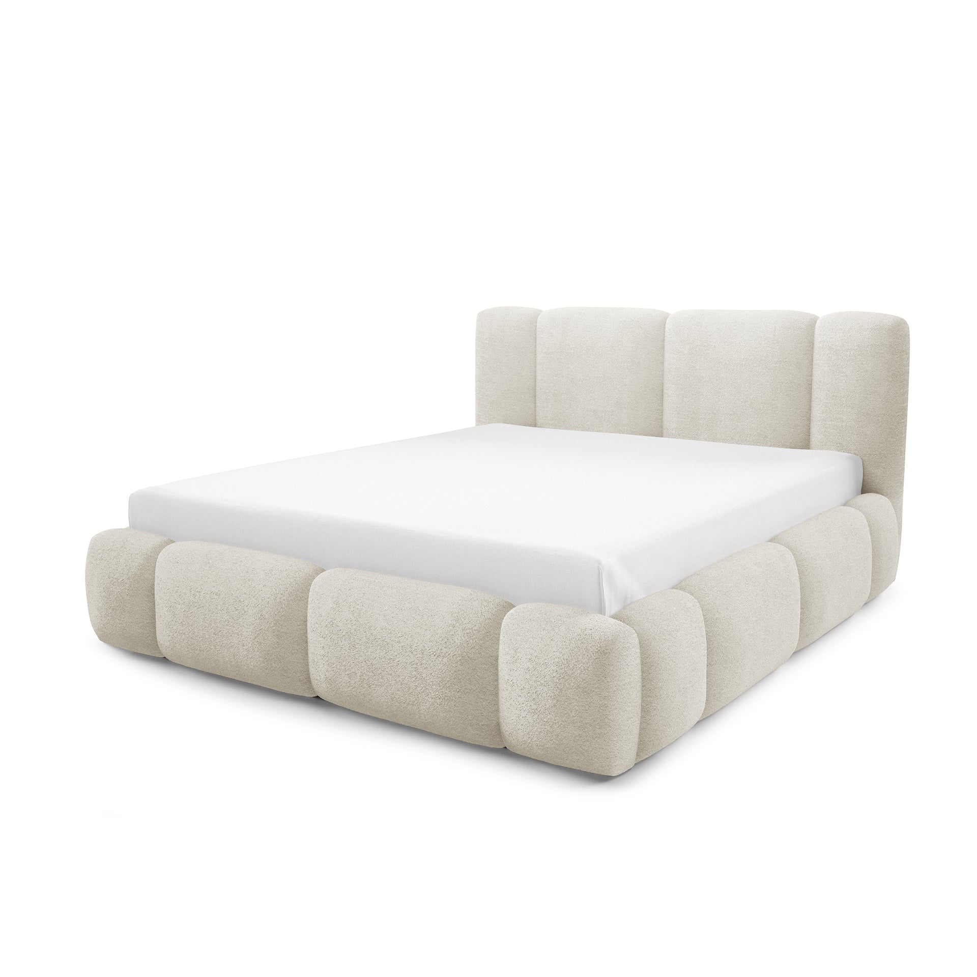 Łóżko tapicerowane z pojemnikiem w różnych rozmiarach w stylu japandi - LED, zagłówek segmentowy | Neria