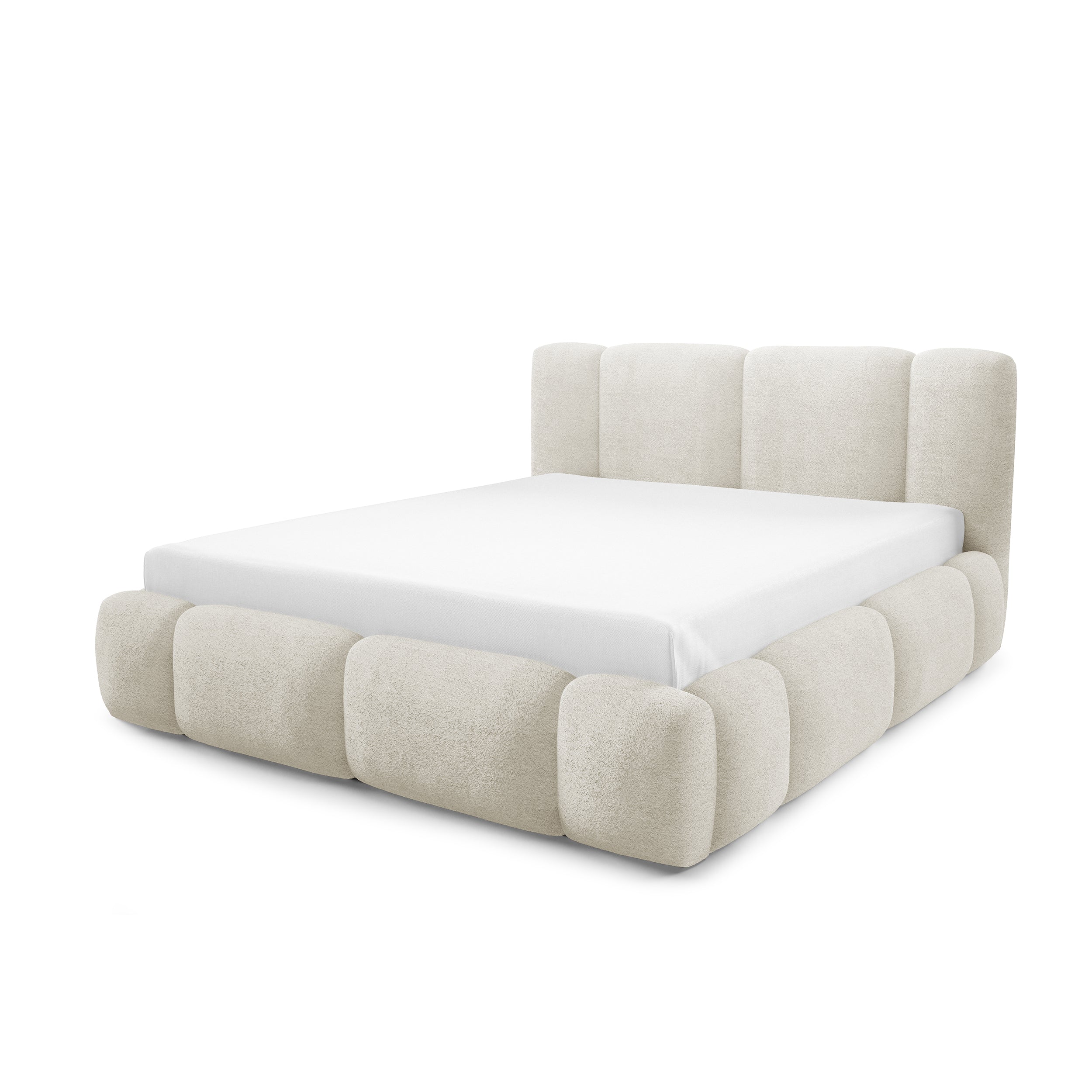 Łóżko tapicerowane z pojemnikiem w różnych rozmiarach w stylu japandi - LED, zagłówek segmentowy | Neria