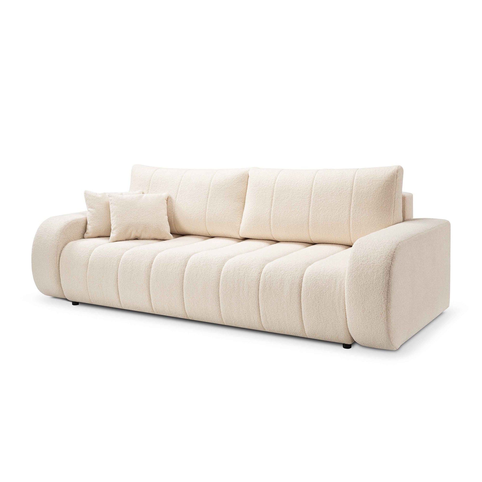 Sofa 3-osobowa z funkcją spania 144x200 w stylu skandynawskim – zaoblona forma, pojemnik, system DL | BALOA