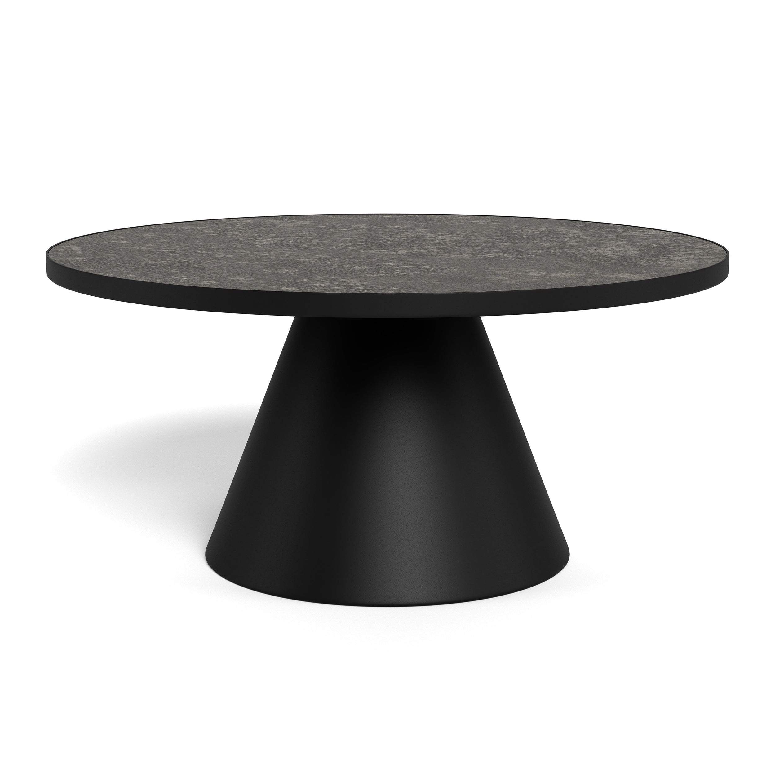 Okrągły stolik kawowy o średnicy 86 cm w stylu nowoczesnym – ceramiczny blat, kolumnowa podstawa, matowe wykończenie, zaokrąglone krawędzie | Soren