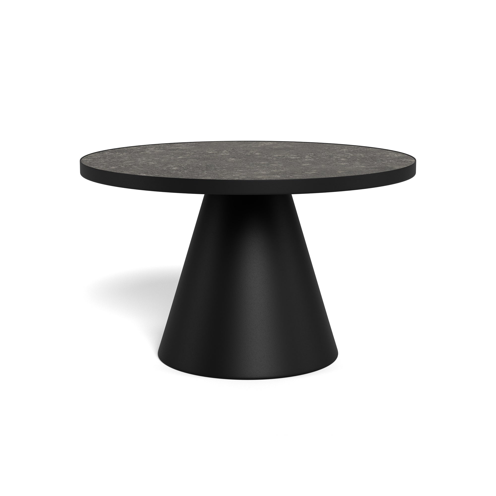 Okrągły stolik kawowy o średnicy 66 cm w stylu nowoczesnym – ceramiczny blat, centralna stalowa podstawa | Soren