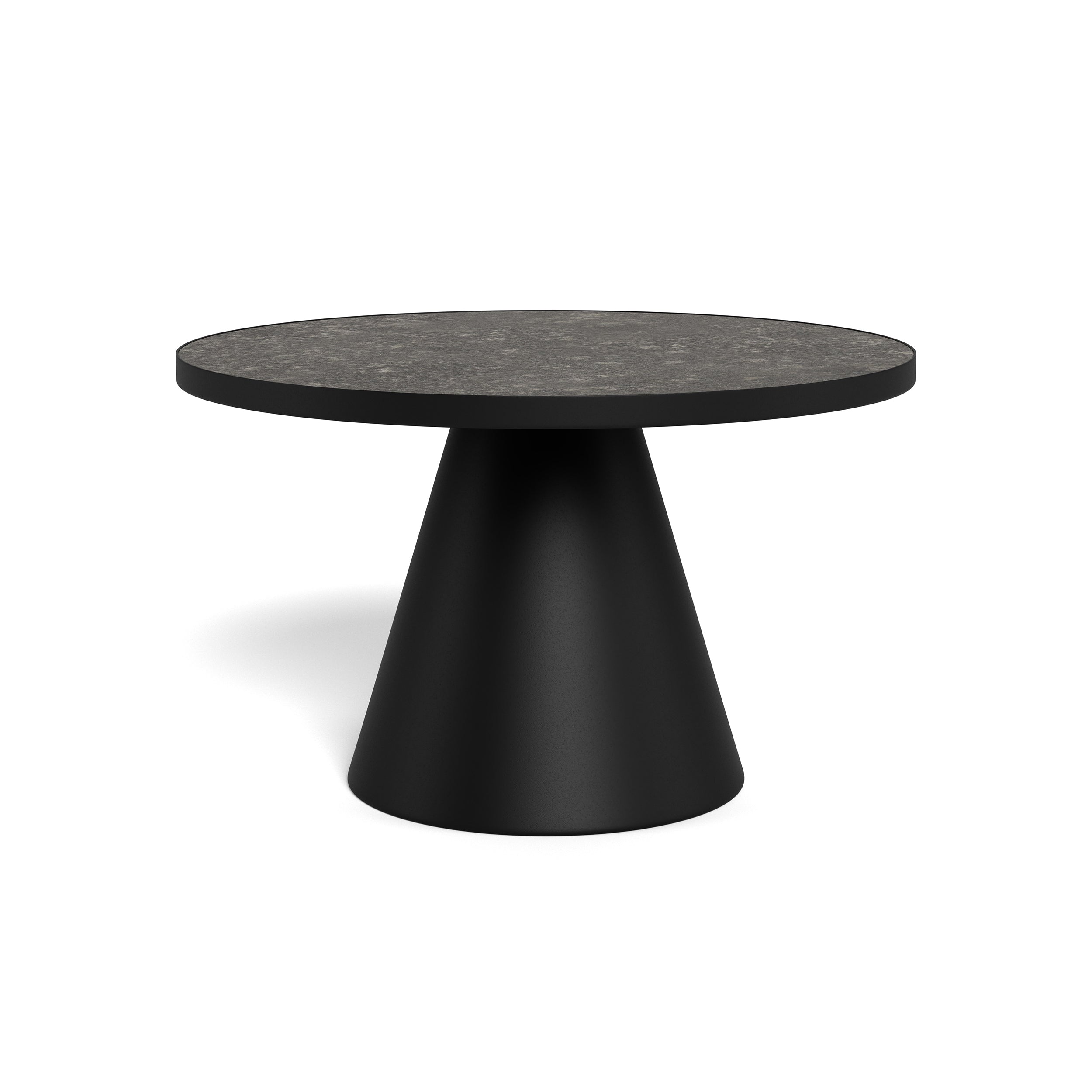 Okrągły stolik kawowy o średnicy 66 cm w stylu nowoczesnym – ceramiczny blat, centralna stalowa podstawa | Soren