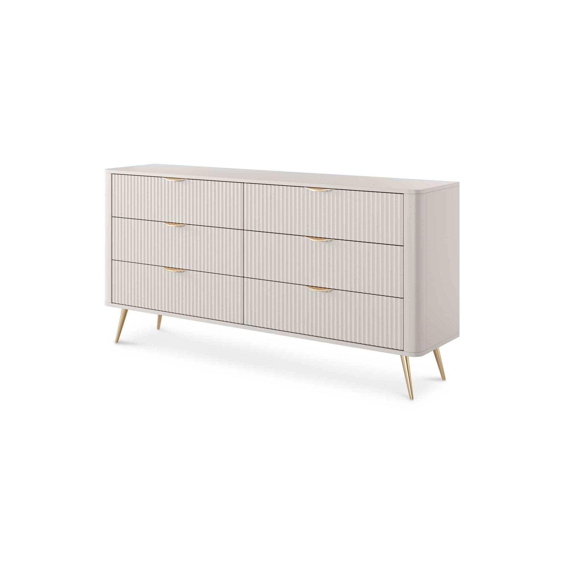Komoda 163x81 z 6 szufladami w stylu eleganckim - ryflowane fronty, metalowe uchwyty | Laanti A Beż