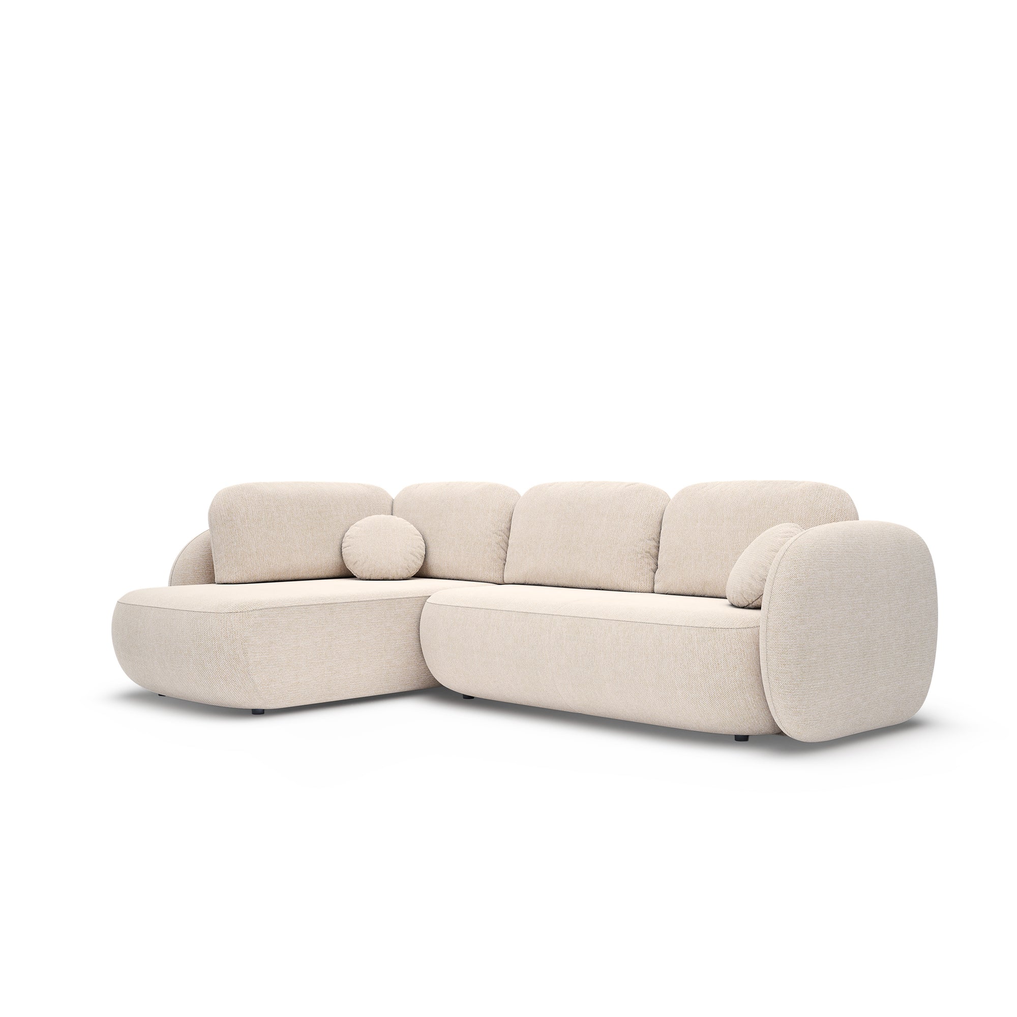 Narożnik z funkcją spania o powierzchni 123x250 w stylu organic modern - tkanina Aragon, zaokrąglona forma, dekoracyjne poduszki | OLEMO