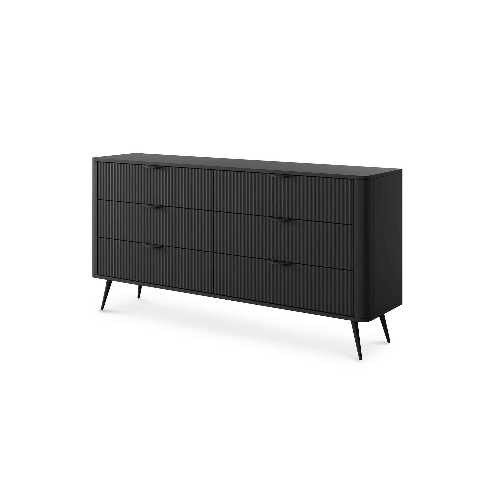 Komoda 163x81 z 6 szufladami w stylu eleganckim - ryflowane fronty, metalowe uchwyty | Laanti Czarny
