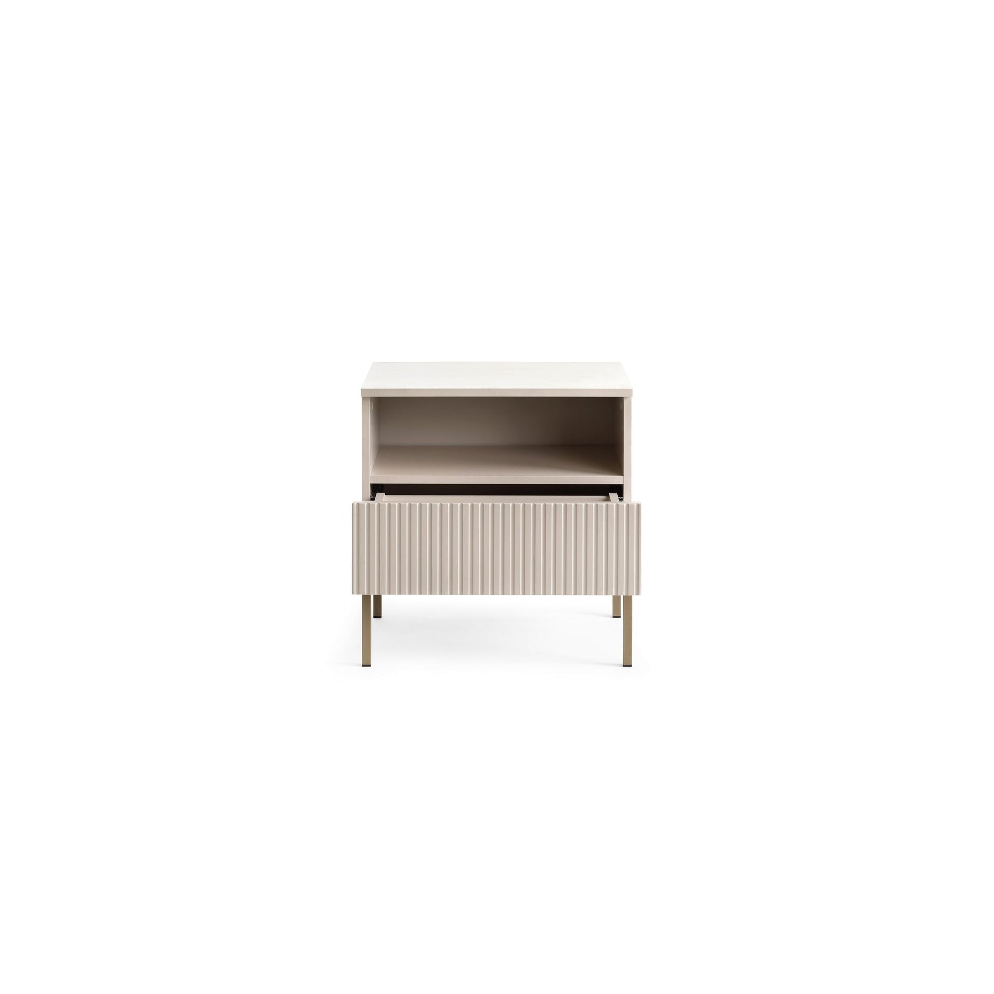 Szafka nocna z lamelowym frontem 54x56 cm – LED, metalowe nóżki, push to open | Lampy
