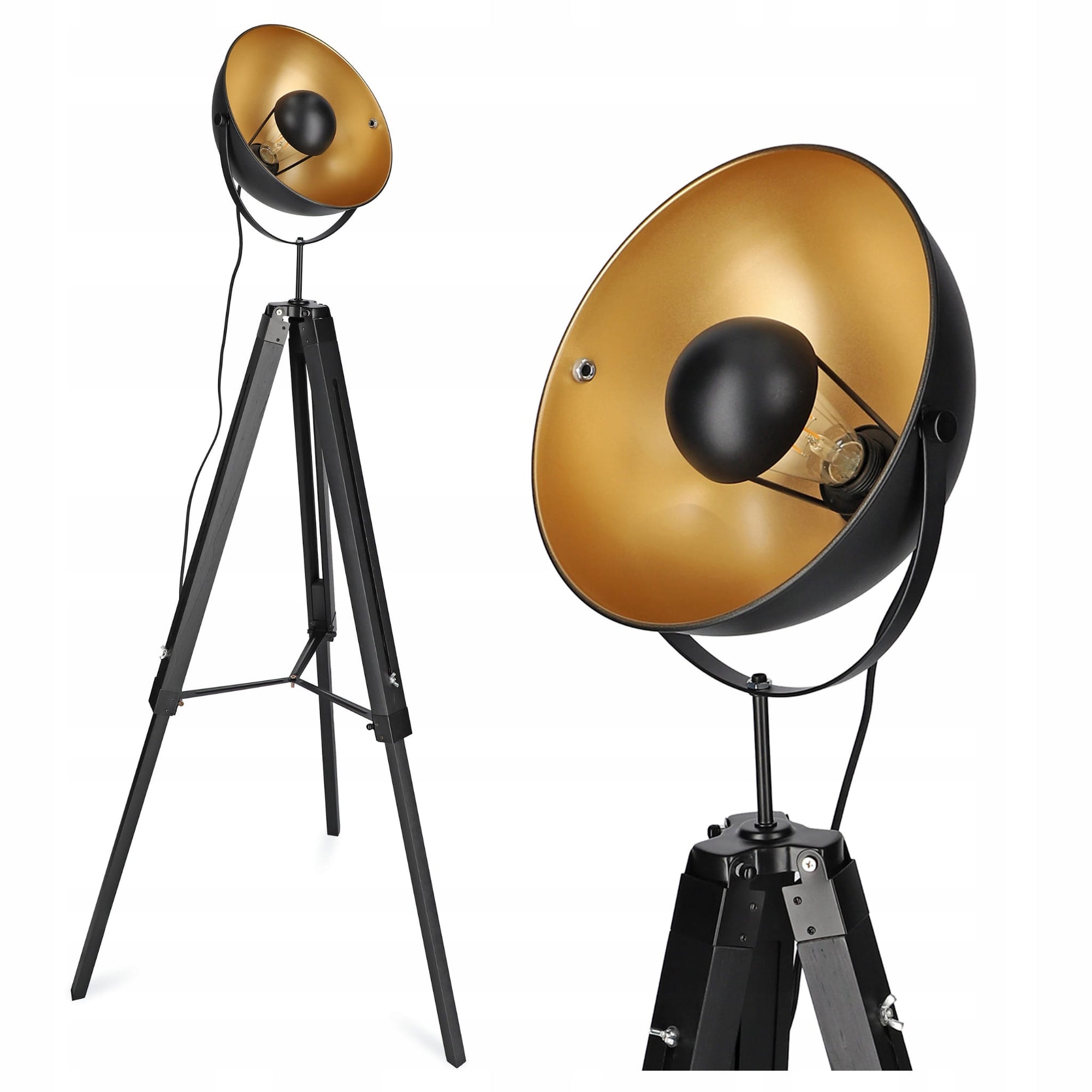 Lampa podłogowa reflektor na trójnogu w stylu retro – regulowany, metalowy klosz, czarno-złota | Reflecto