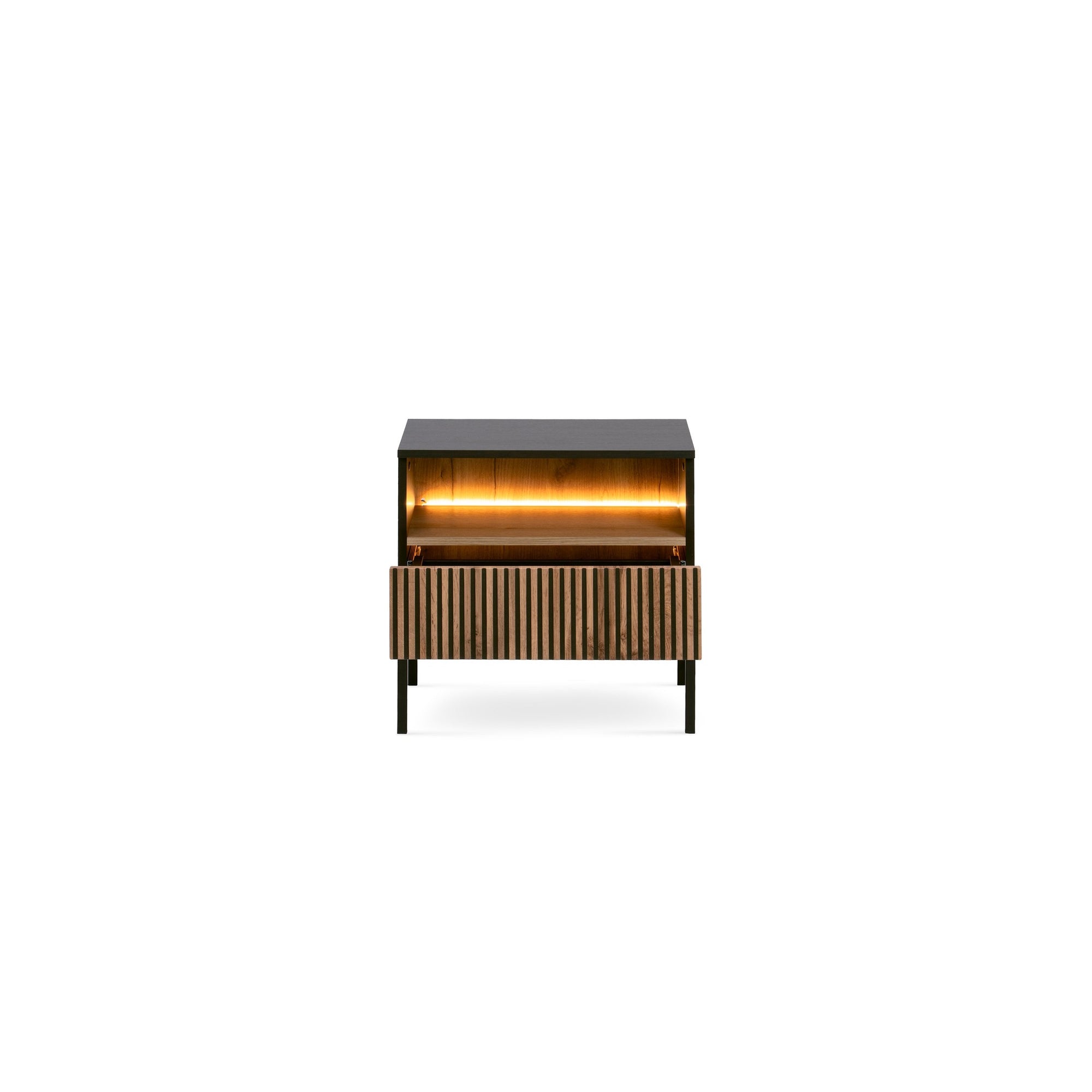 Szafka nocna z lamelowym frontem 54x56 cm – LED, metalowe nóżki, push to open | Lampy