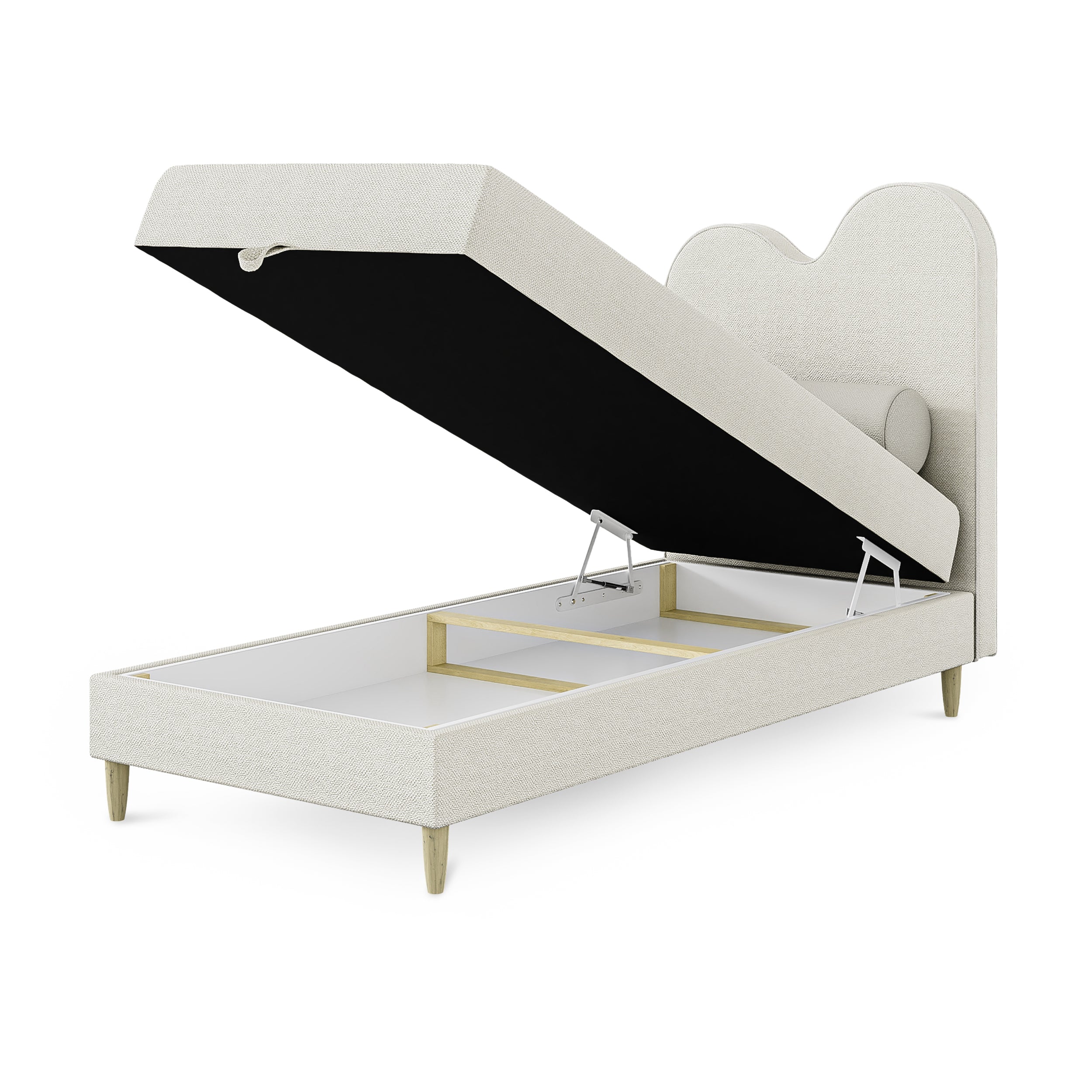 Kinder-Kontinentalbett mit gewelltem Kopfteil und Bettkasten im Soft-Modern-Stil | Mellia