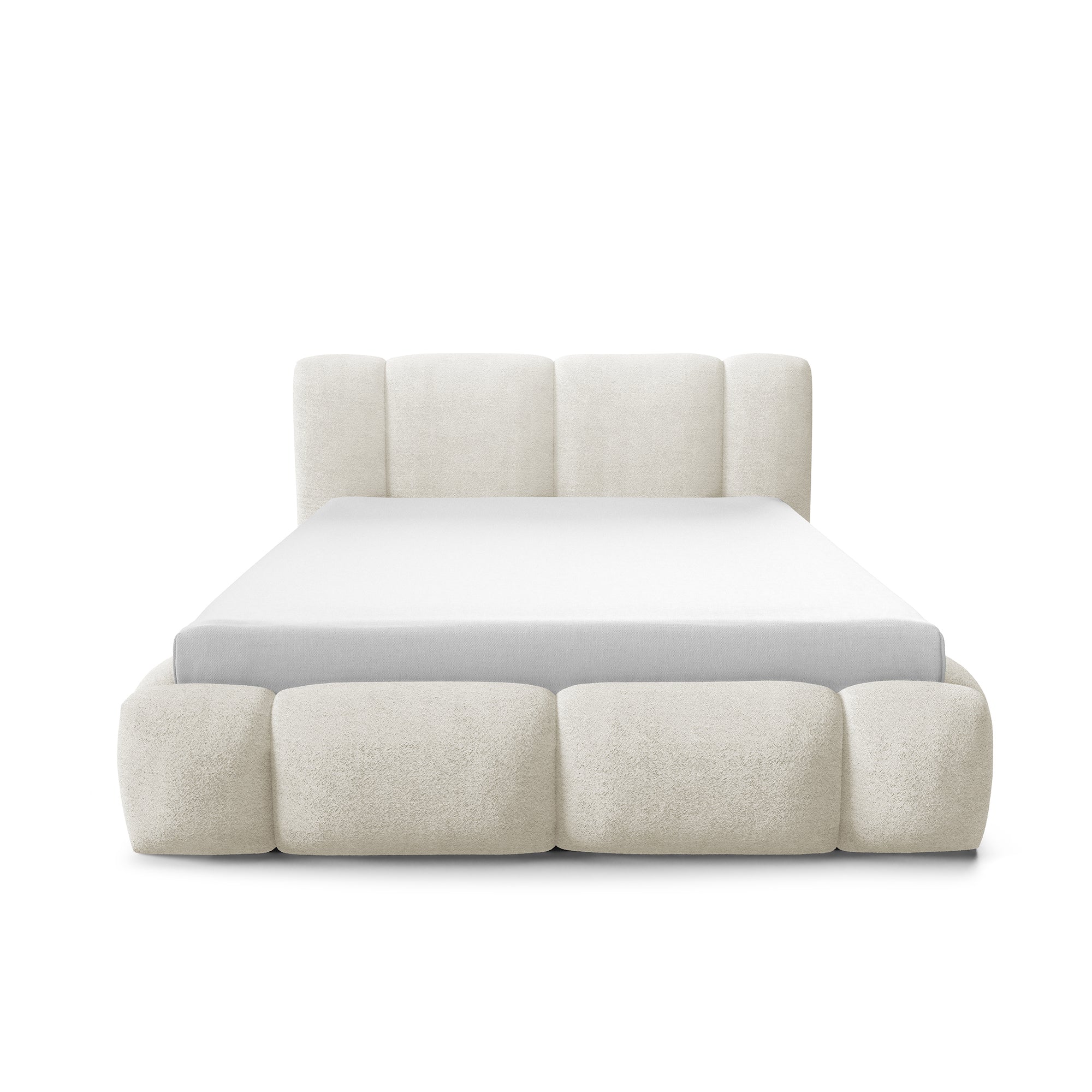Łóżko tapicerowane z pojemnikiem w różnych rozmiarach w stylu japandi - LED, zagłówek segmentowy | Neria