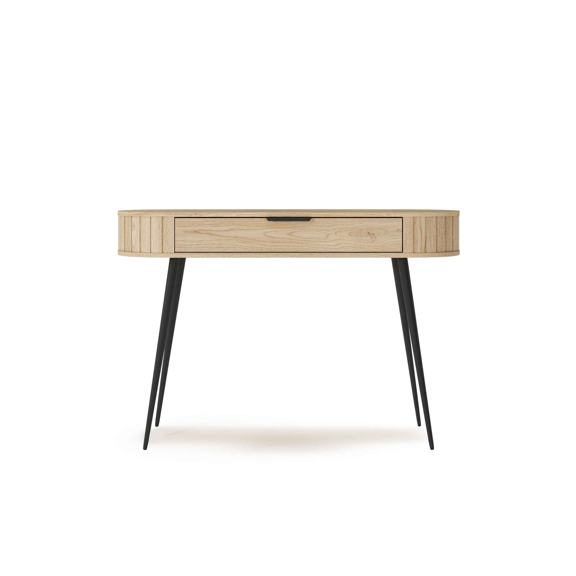 Toaletka z szufladą 120x80 w stylu japandi – dąb Cremona, zaoblone boki, czarne nogi, naturalny dekor | Llovia