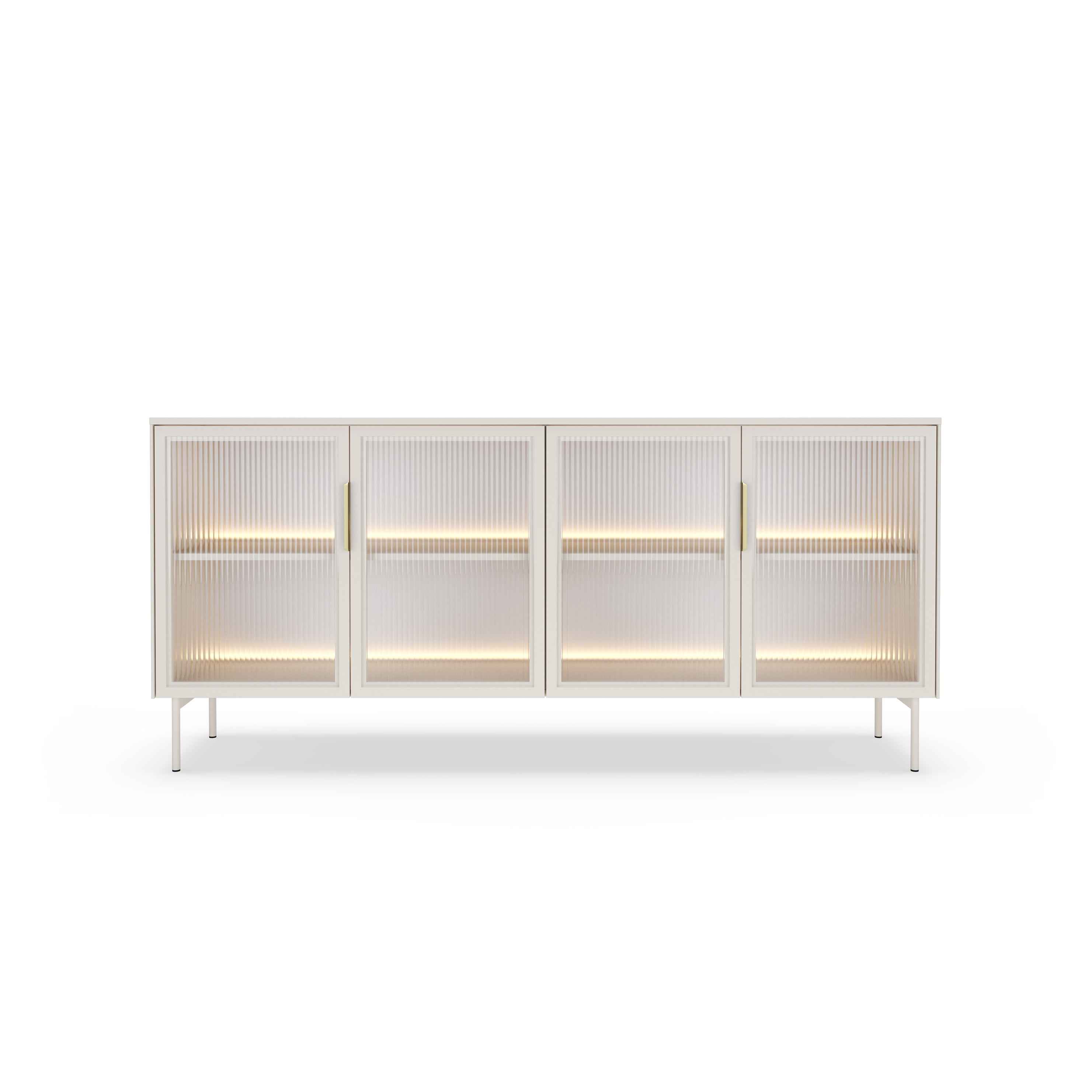 Komoda 181x83 z drzwiami w stylu eleganckim - przeszklone fronty flutes, metalowe nogi, LED | Lummer