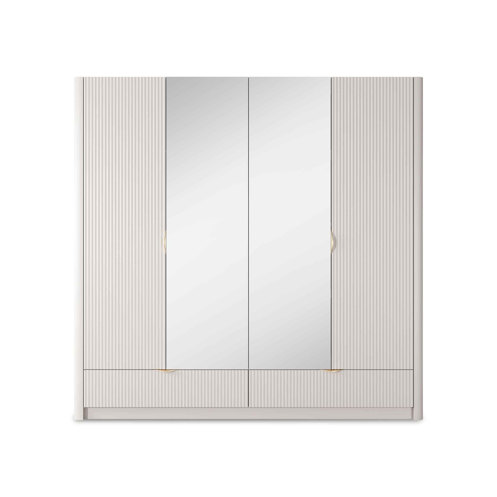 Szafa 4-drzwiow 213x208 cm w stylu nowoczesnym – ryflowane fronty MDF, metalowe uchwyty, lekko zaoblone boki | Laanti
