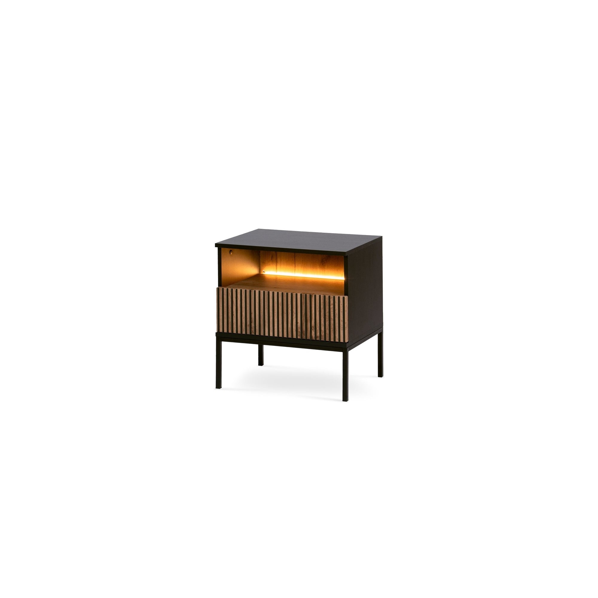 Szafka nocna z lamelowym frontem 54x56 cm – LED, metalowe nóżki, push to open | Lampy Czarny