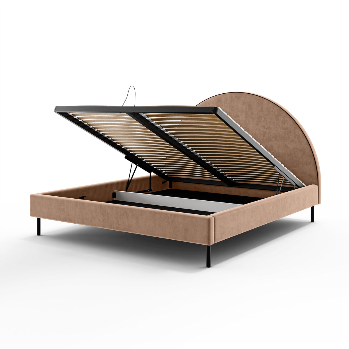 Polsterbett mit halbrundem Kopfteil und Bettkasten im Soft-Modern-Stil | Zora