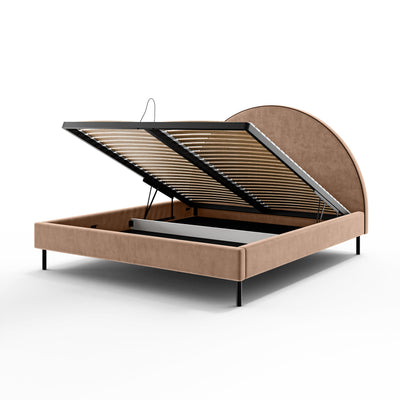 Polsterbett mit halbrundem Kopfteil und Bettkasten im Soft-Modern-Stil | Zora