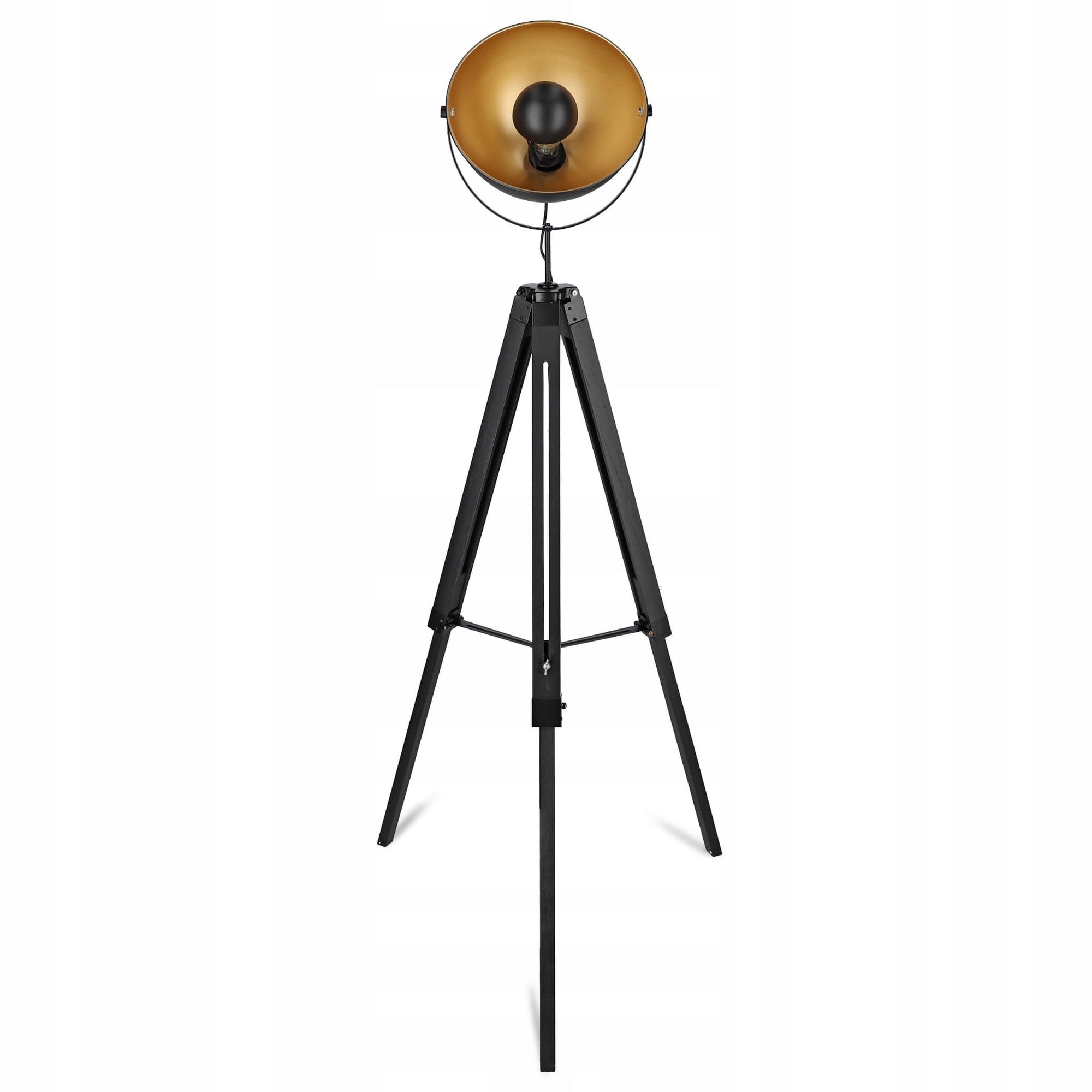 Lampa podłogowa reflektor na trójnogu w stylu retro – regulowany, metalowy klosz, czarno-złota | Reflecto